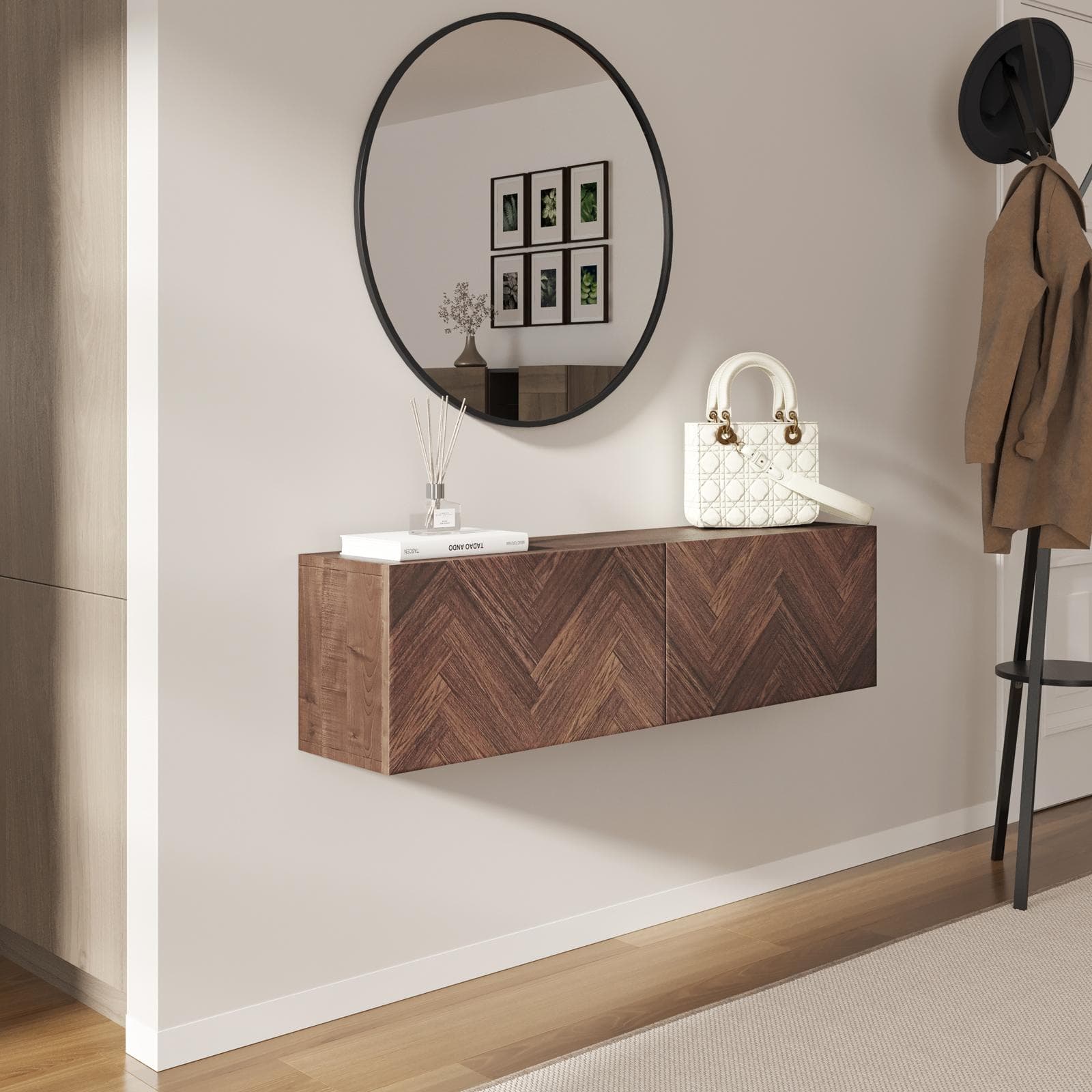 Consolle sospesa 120x25 cm noce effetto parquet con 2 ante e specchio - Betka