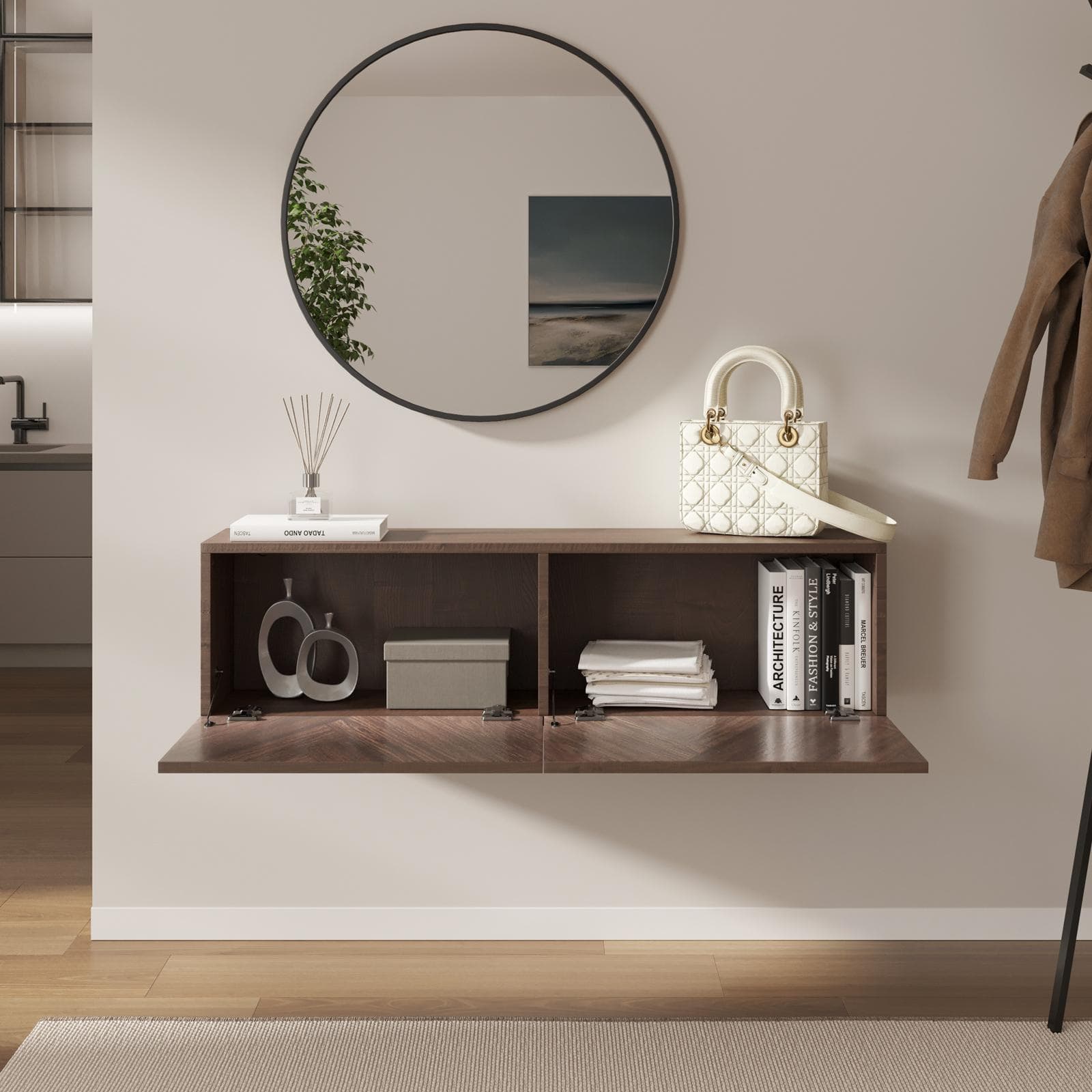 Consolle sospesa 120x25 cm noce effetto parquet con 2 ante e specchio - Betka
