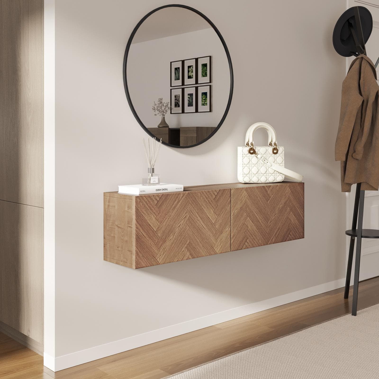 Consolle sospesa 120x25 cm rovere effetto parquet con 2 ante e specchio - Betka