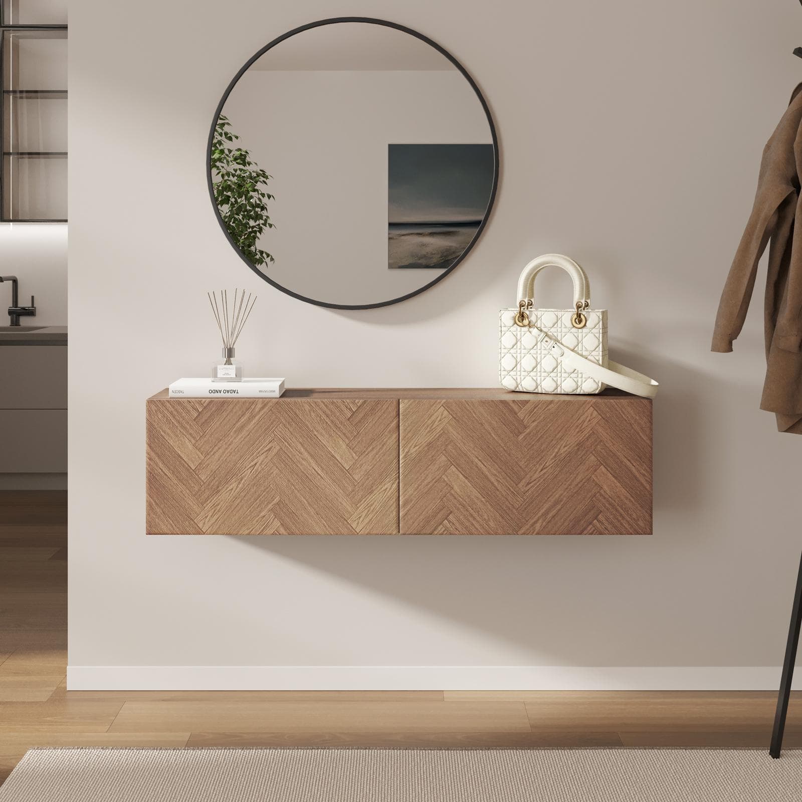 Consolle sospesa 120x25 cm rovere effetto parquet con 2 ante e specchio - Betka