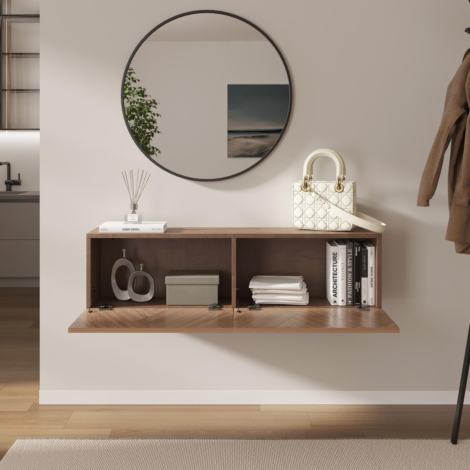 Consolle sospesa 120x25 cm rovere effetto parquet con 2 ante e specchio - Betka
