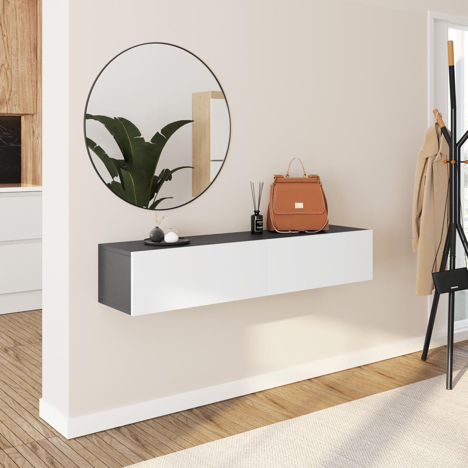 Consolle sospesa 135x32h cm antracite con 2 ante bianco opaco e specchio - Betka