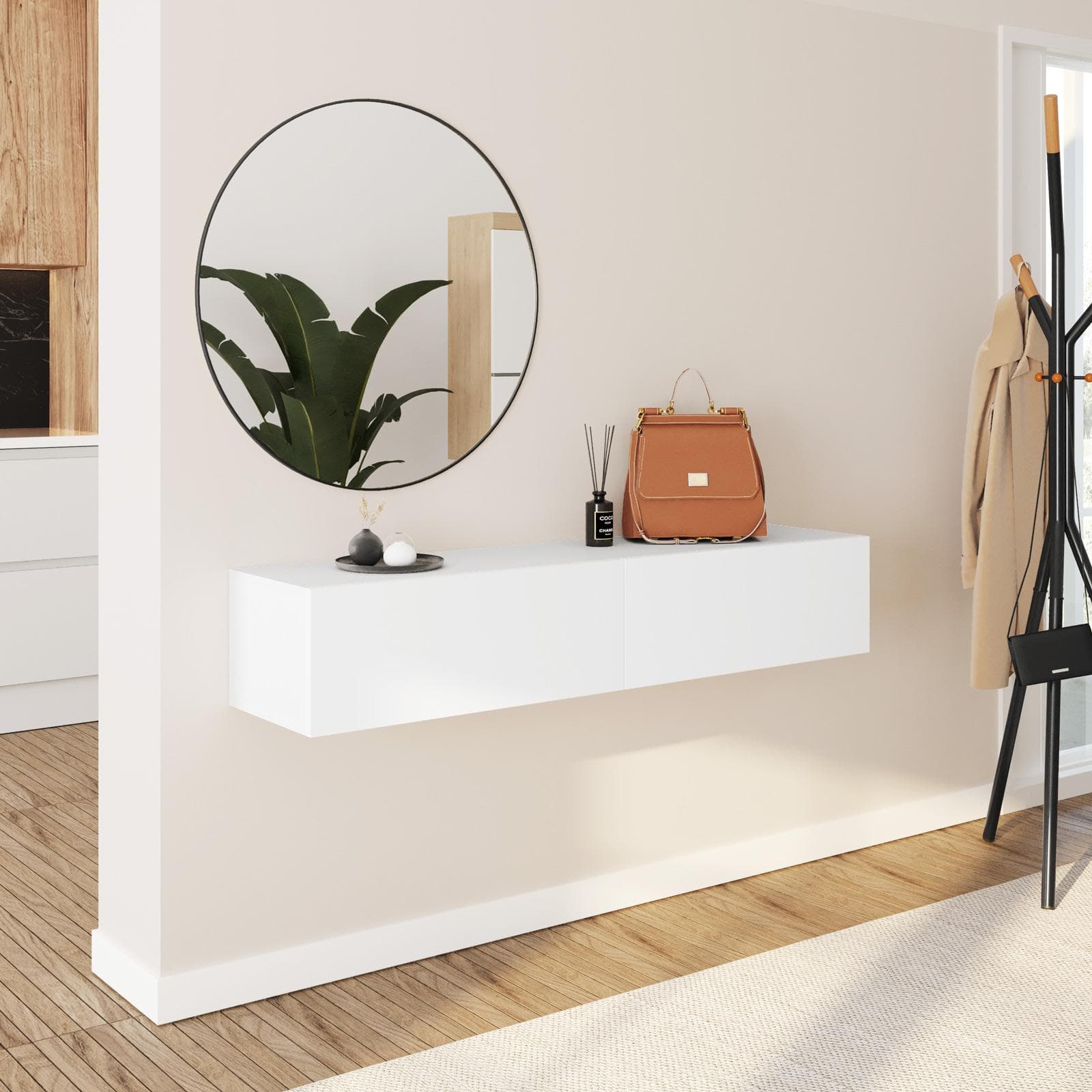 Consolle sospesa 135x32h cm bianco opaco con 2 ante e specchio - Betka