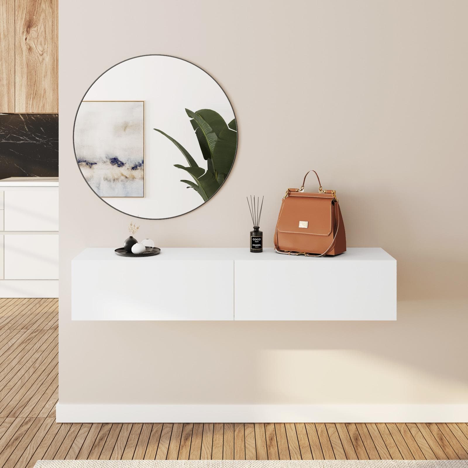 Consolle sospesa 135x32h cm bianco opaco con 2 ante e specchio - Betka