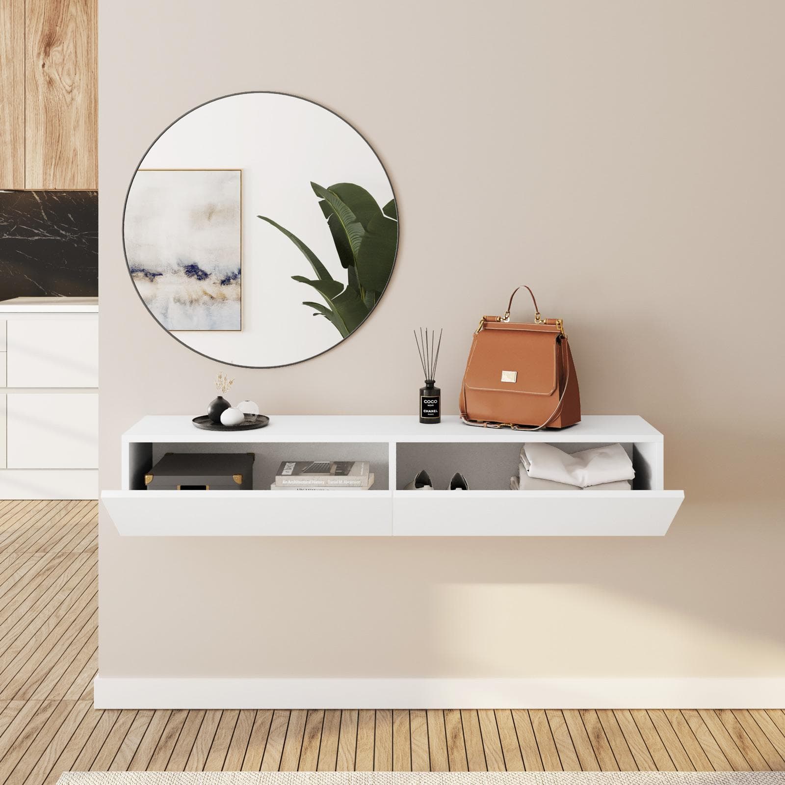 Consolle sospesa 135x32h cm bianco opaco con 2 ante e specchio - Betka