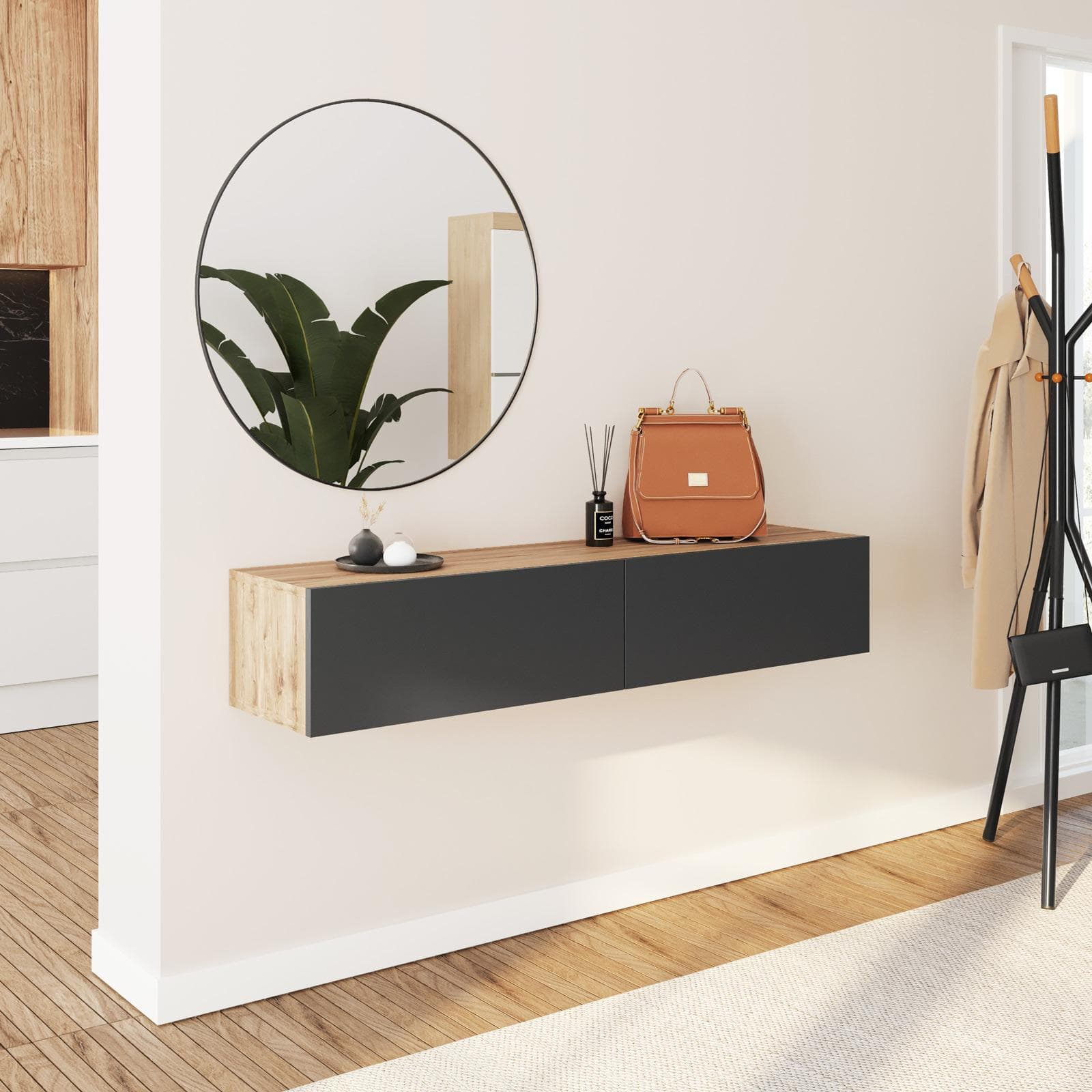 Consolle sospesa 135x32h cm effetto rovere con 2 ante antracite e specchio - Betka