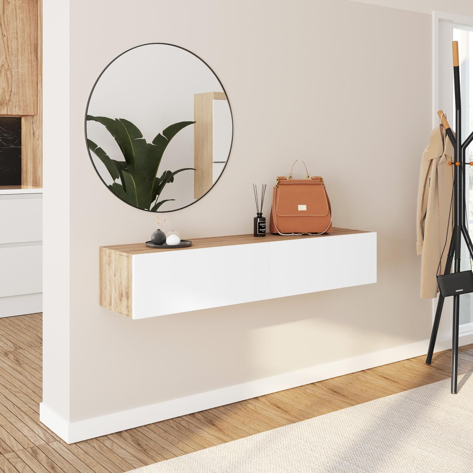 Consolle sospesa 135x32 cm effetto rovere con 2 ante bianco opaco e specchio - Betka
