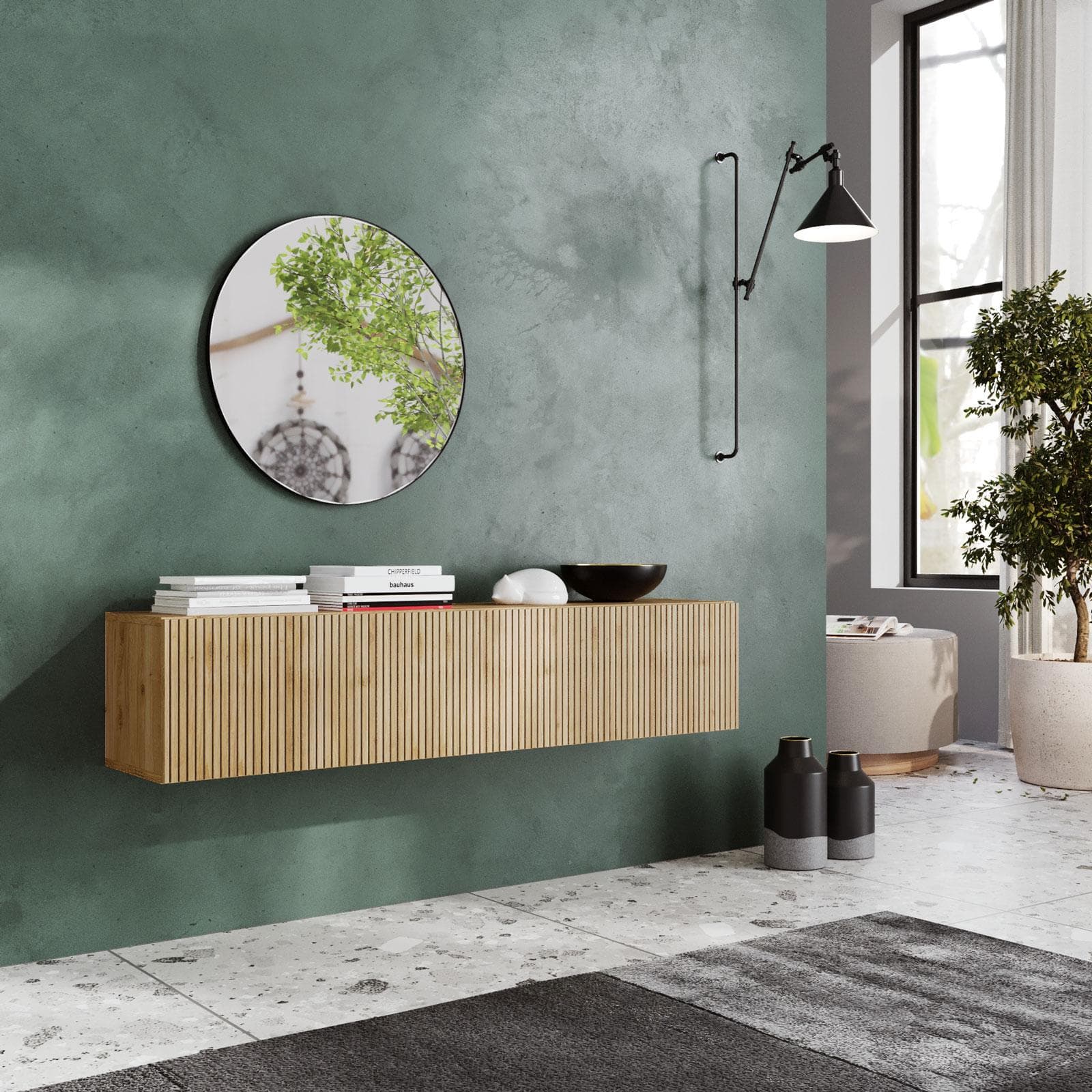 Consolle sospesa 138x28h cm cannettato cadiz con anta reversibile - Clary