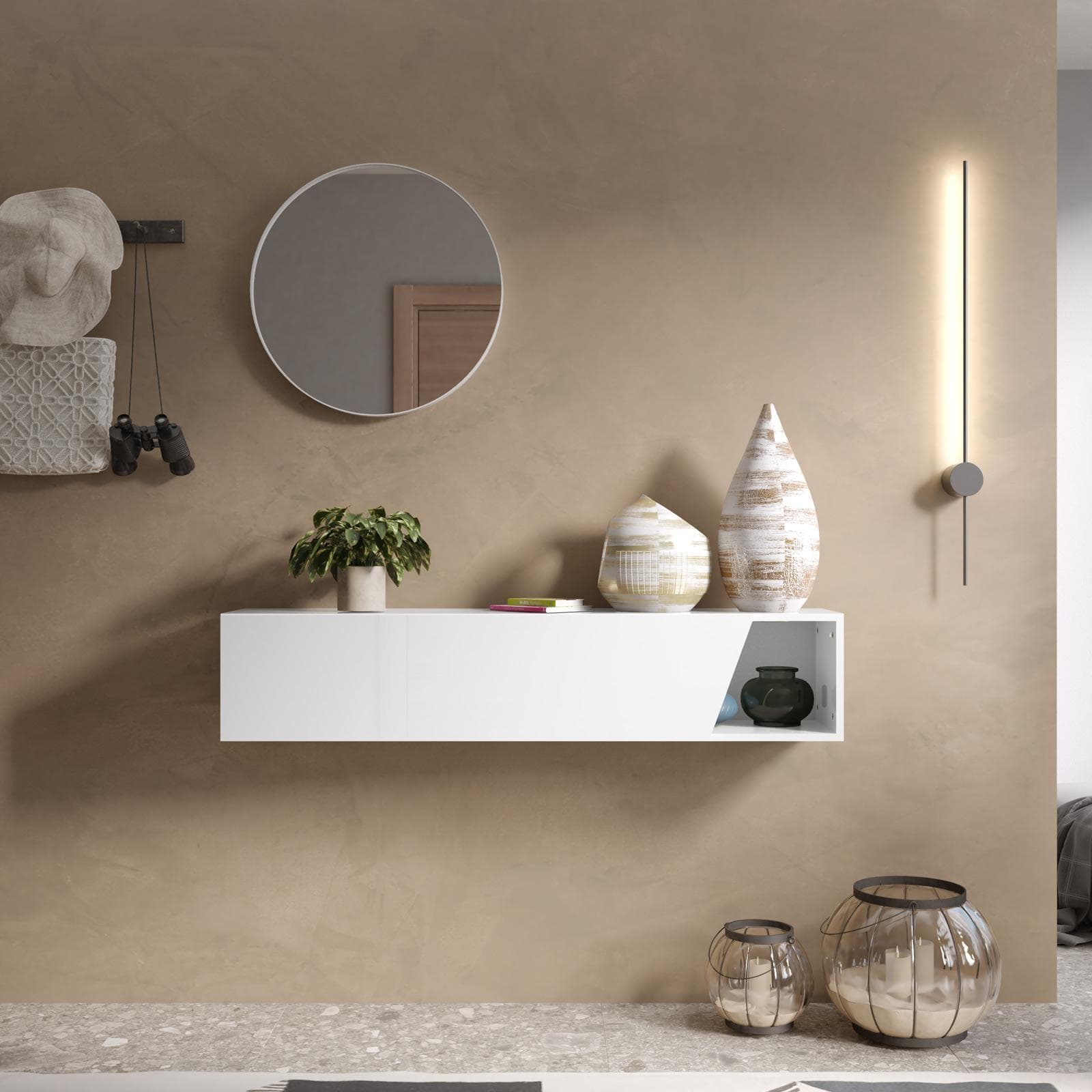 Consolle sospesa 138x28h cm bianco lucido con anta sagomata reversibile - Clary