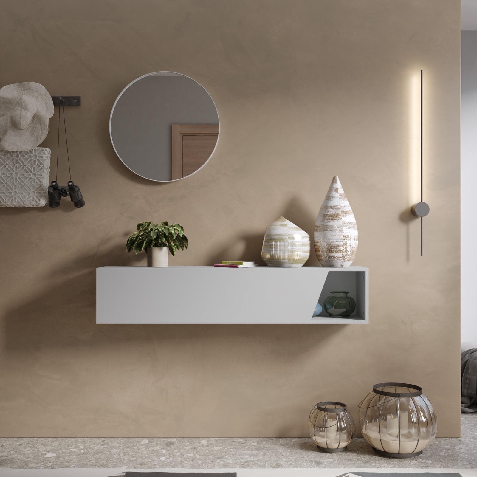 Consolle sospesa 138x28h cm gesso con anta sagomata reversibile - Clary