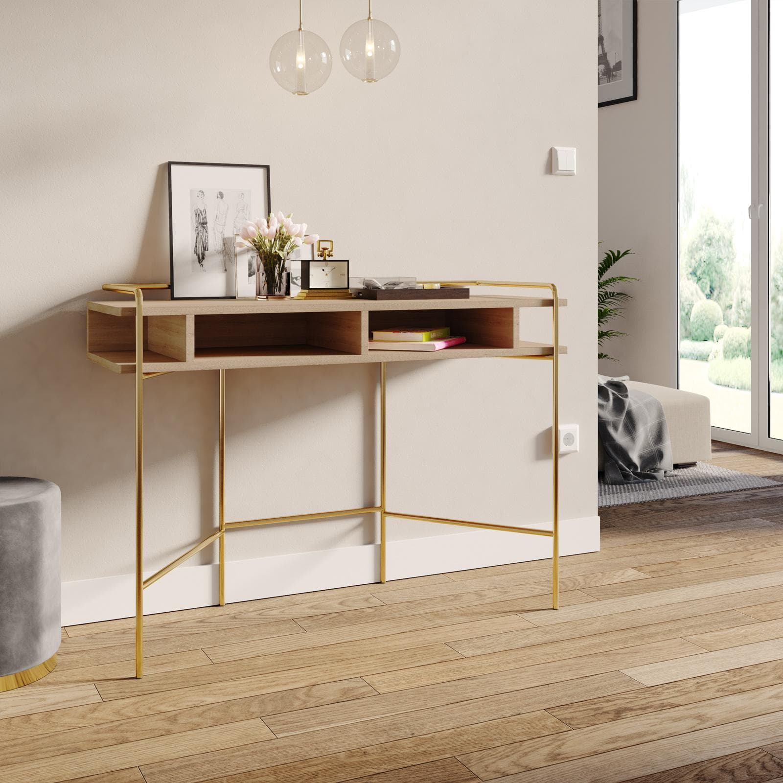 Consolle 110cm con piano in legno rovere e struttura in metallo oro - Nevil