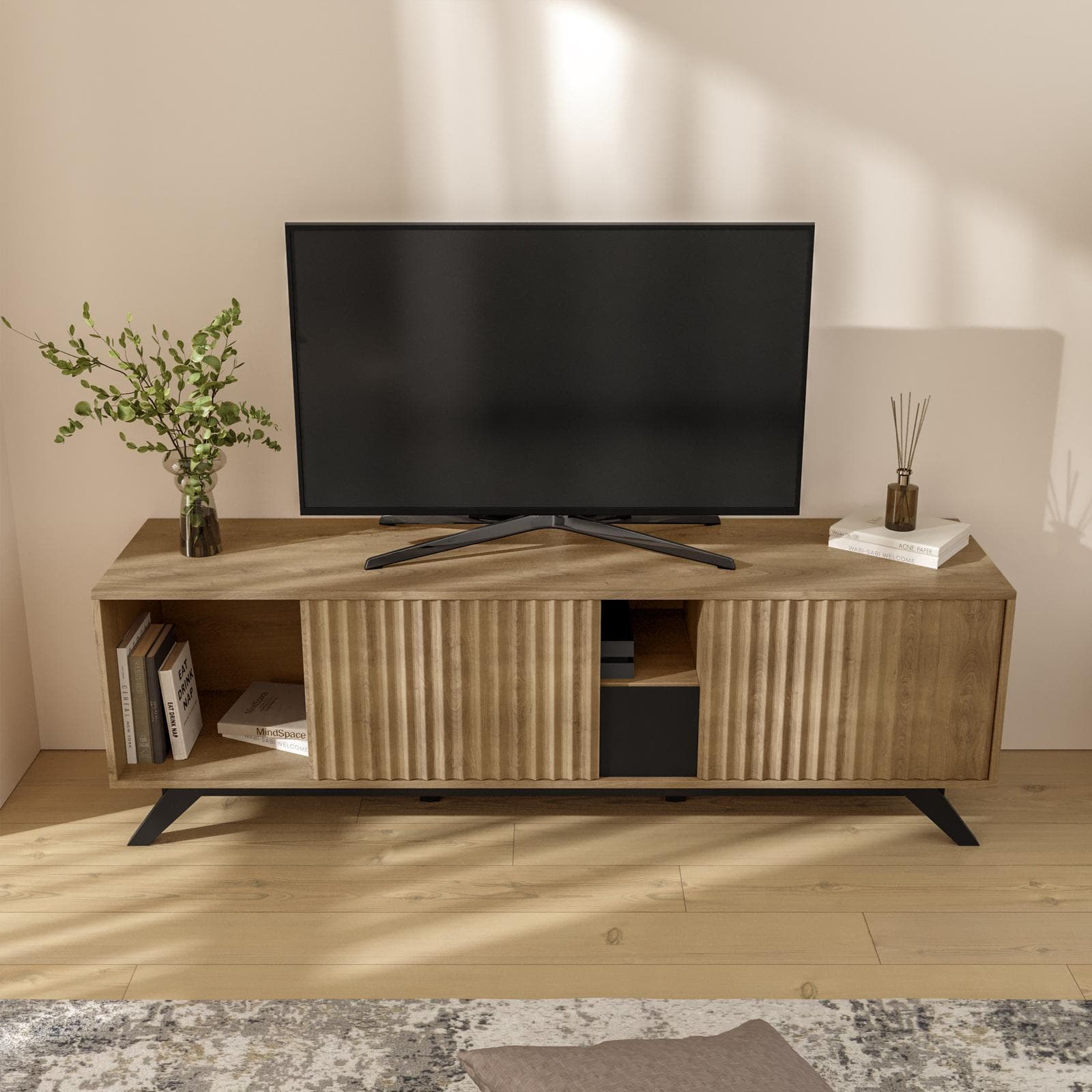 Mobile porta tv 160x51h cm in legno rovere horizon con ante scorrevoli cannettate - Unity