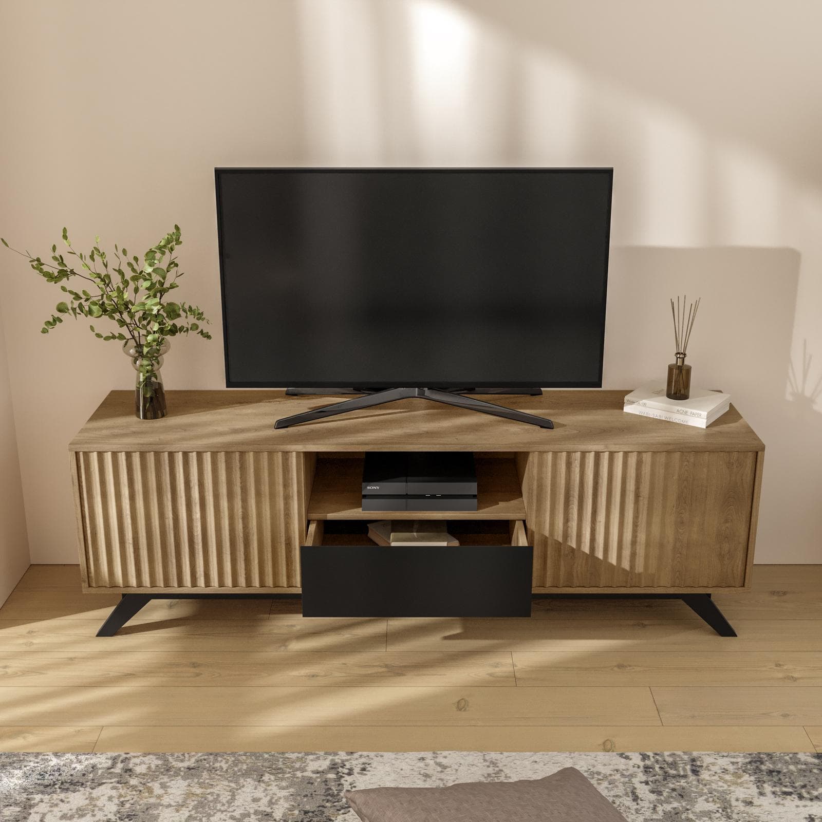Mobile porta tv 160x51h cm in legno rovere horizon con ante scorrevoli cannettate - Unity