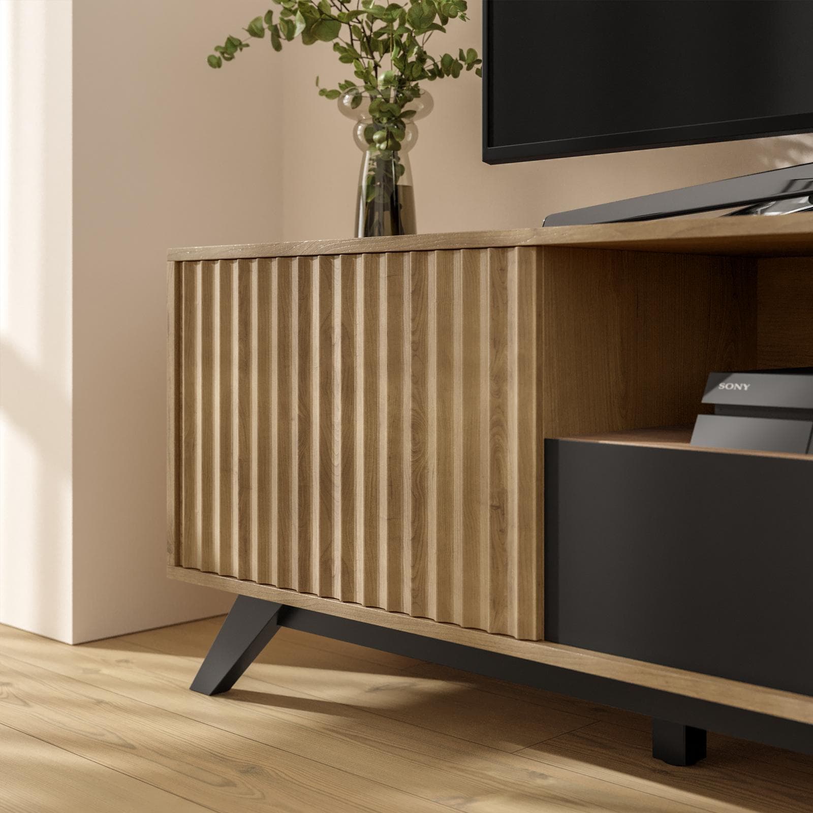 Mobile porta tv 160x51h cm in legno rovere horizon con ante scorrevoli cannettate - Unity