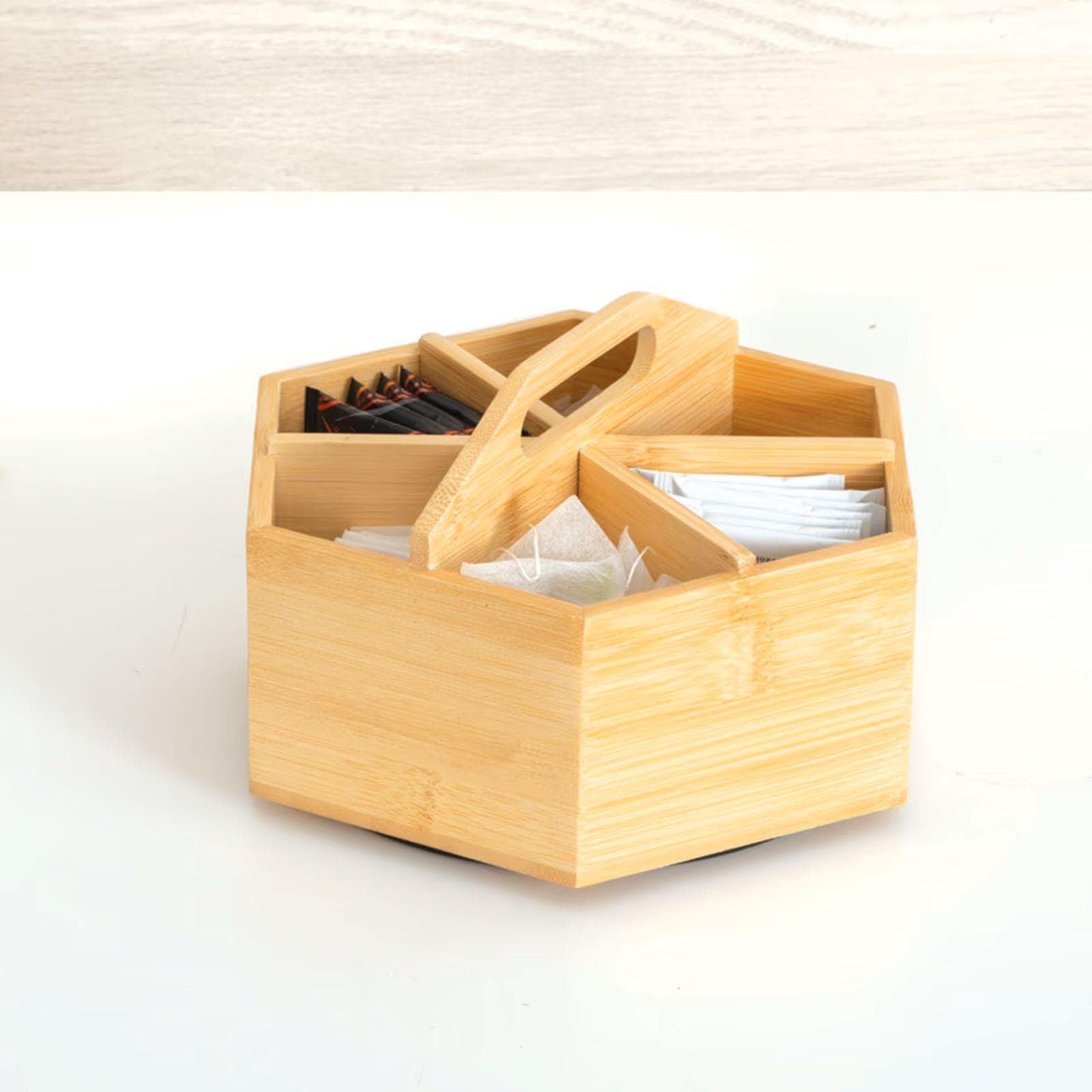Contenitore girevole 22x13h cm in legno di bambù naturale con 6 scomparti