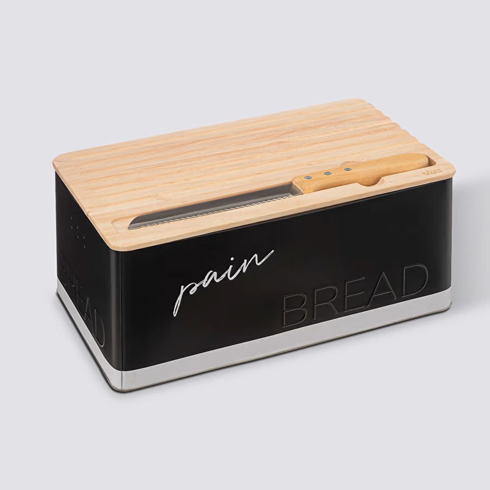 Contenitore per pane 33x15h cm in metallo nero e legno naturale con coltello e tagliere