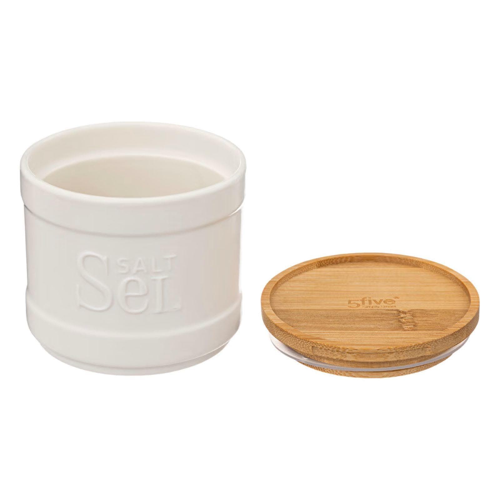 Contenitore per sale rotondo 10 cm in ceramica bianco e coperchio in bambù