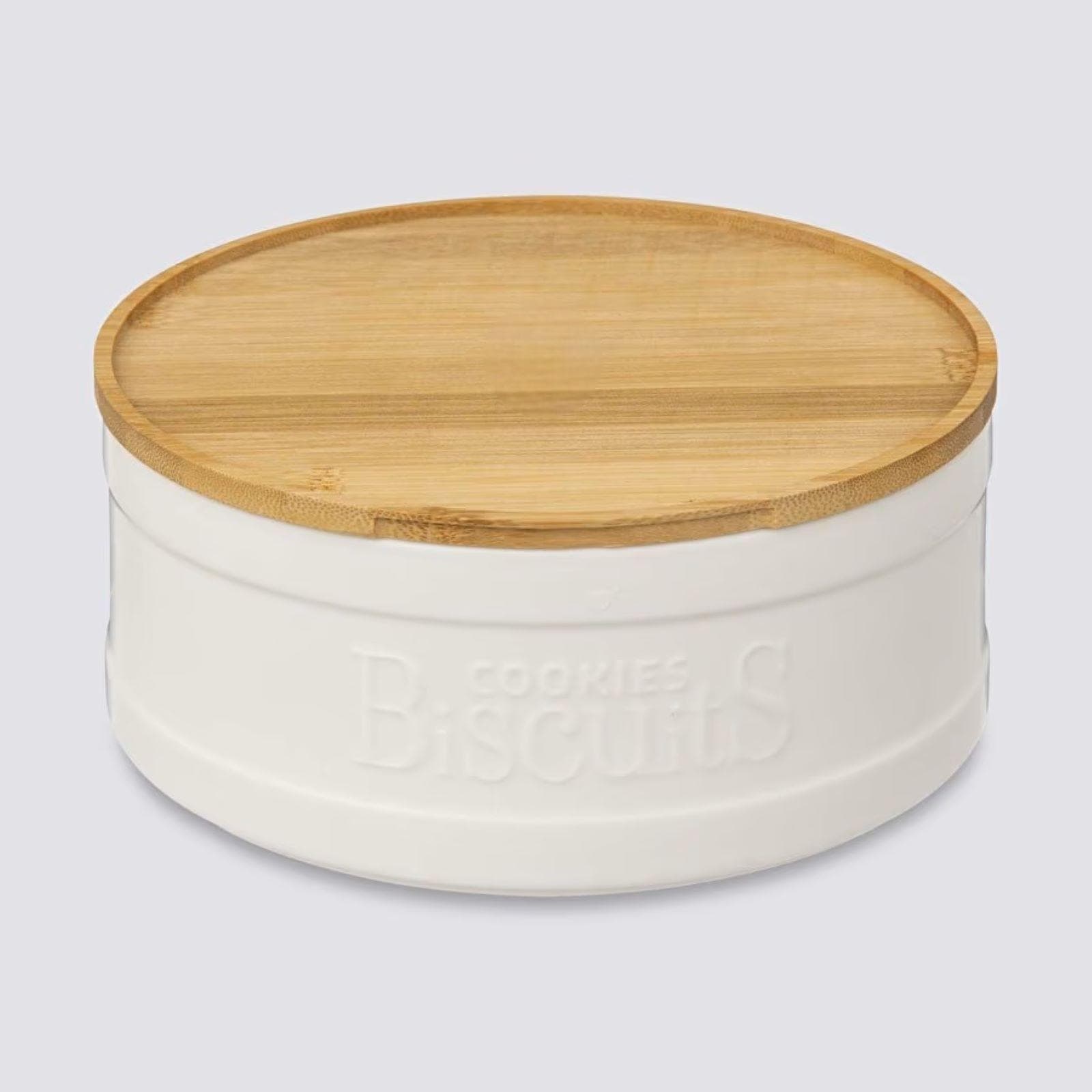 Contenitore rotondo 22 cm in ceramica bianco e coperchio in bambù