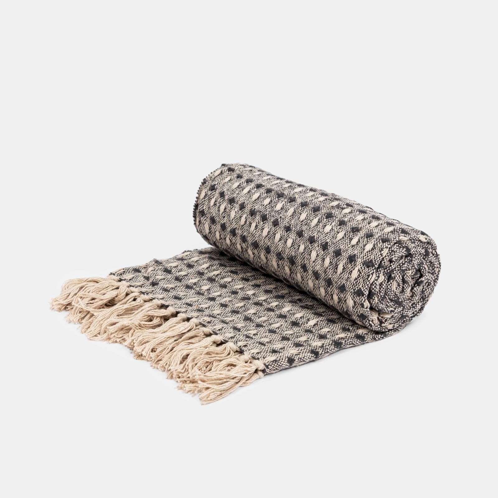 Coperta 170x130 cm in cotone grigio con frange
