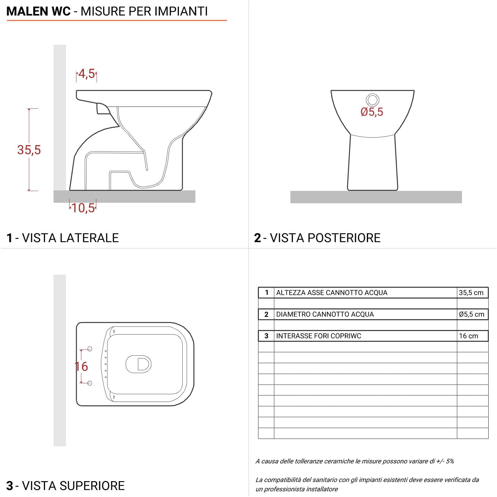 Sanitari tradizionali con scarico a terra e sedile copriwc bianco - Malen