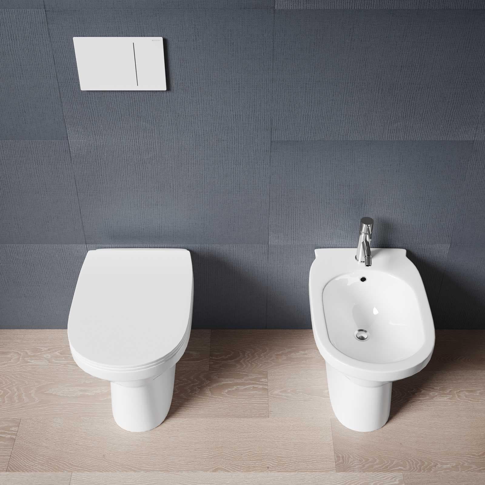 Coppia di sanitari filomuro senza brida con copriwc softclose - Misk