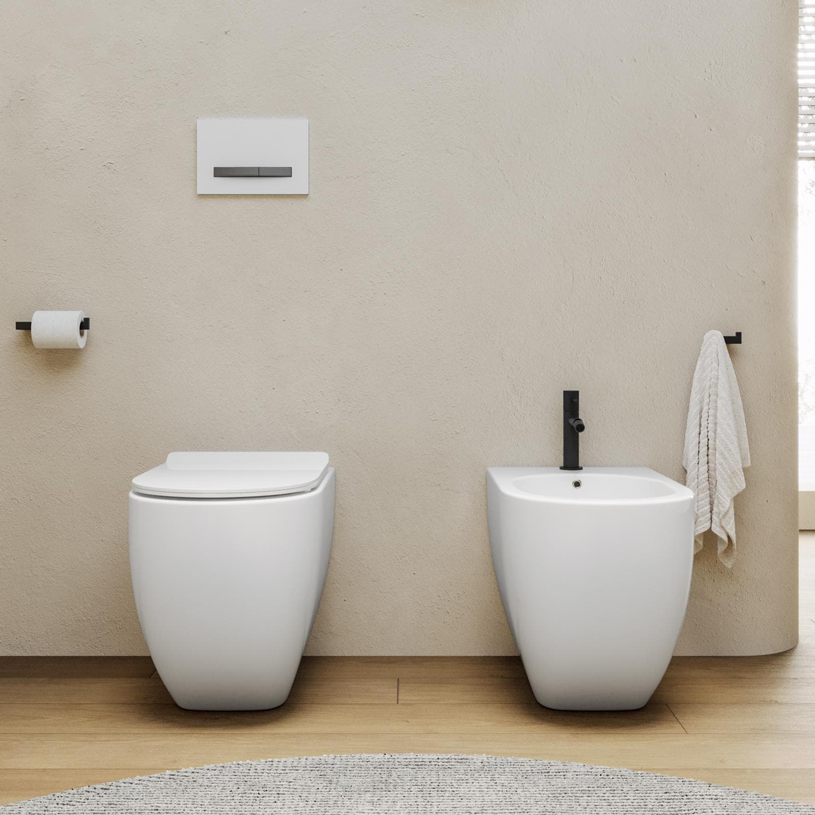 Coppia di sanitari filomuro in ceramica rimless e scarico ciclonico con copriwc softclose - Chloe