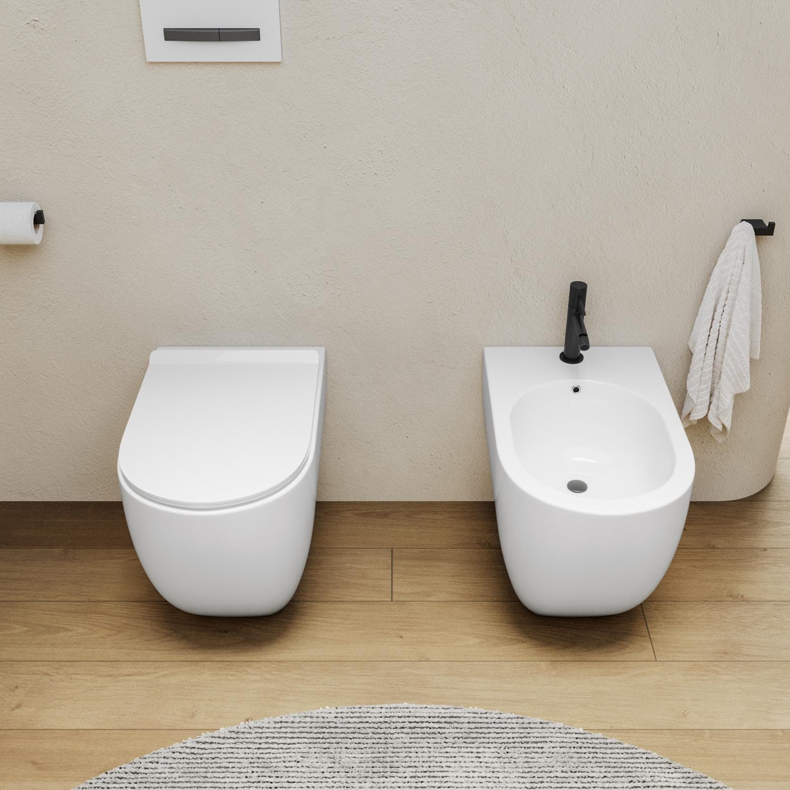 Coppia di sanitari filomuro in ceramica rimless e scarico ciclonico con copriwc softclose - Chloe