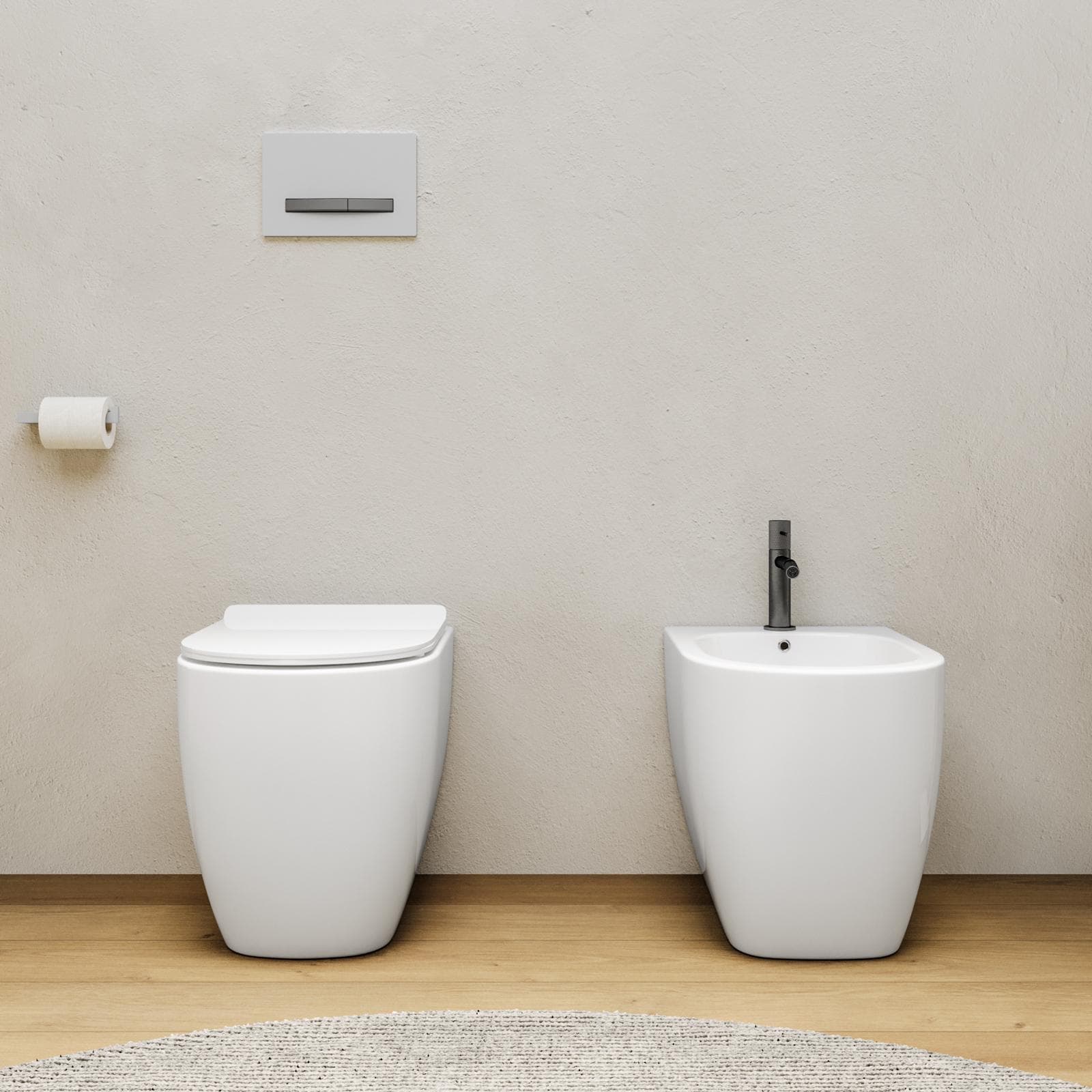 Coppia di sanitari filomuro in ceramica rimless con copriwc softclose - City