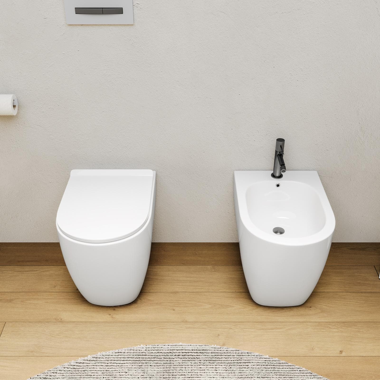 Coppia di sanitari filomuro in ceramica rimless con copriwc softclose - City