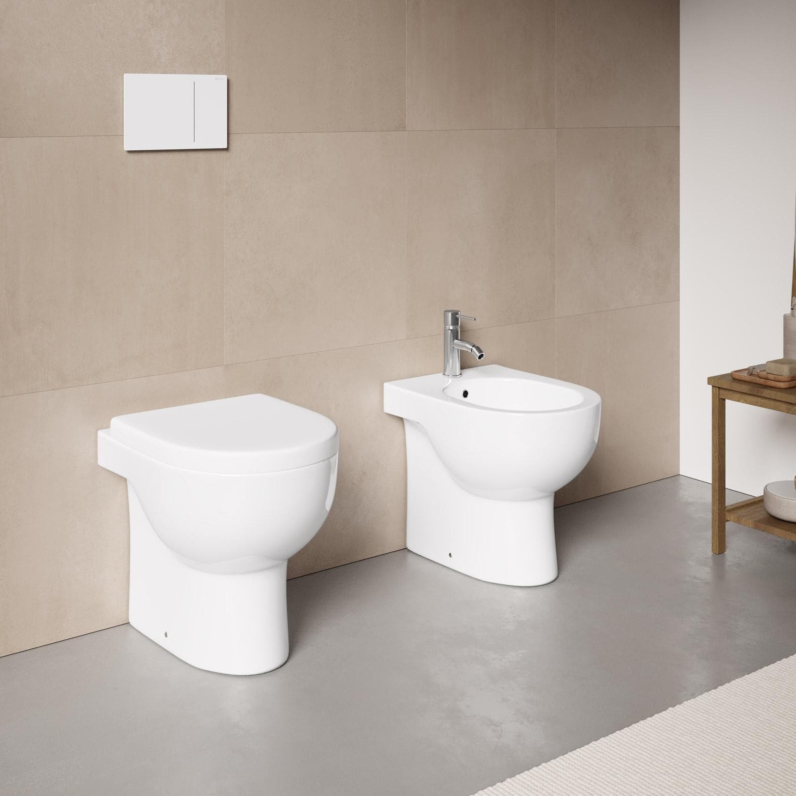 Coppia di sanitari filomuro in ceramica rimless con copriwc softclose - Clear