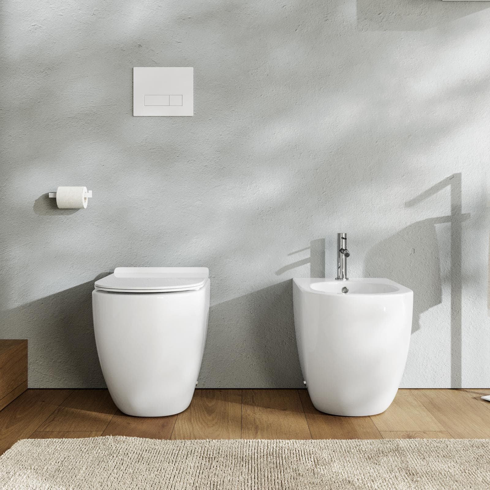 Coppia di sanitari filomuro in ceramica rimless con copriwc softclose - One