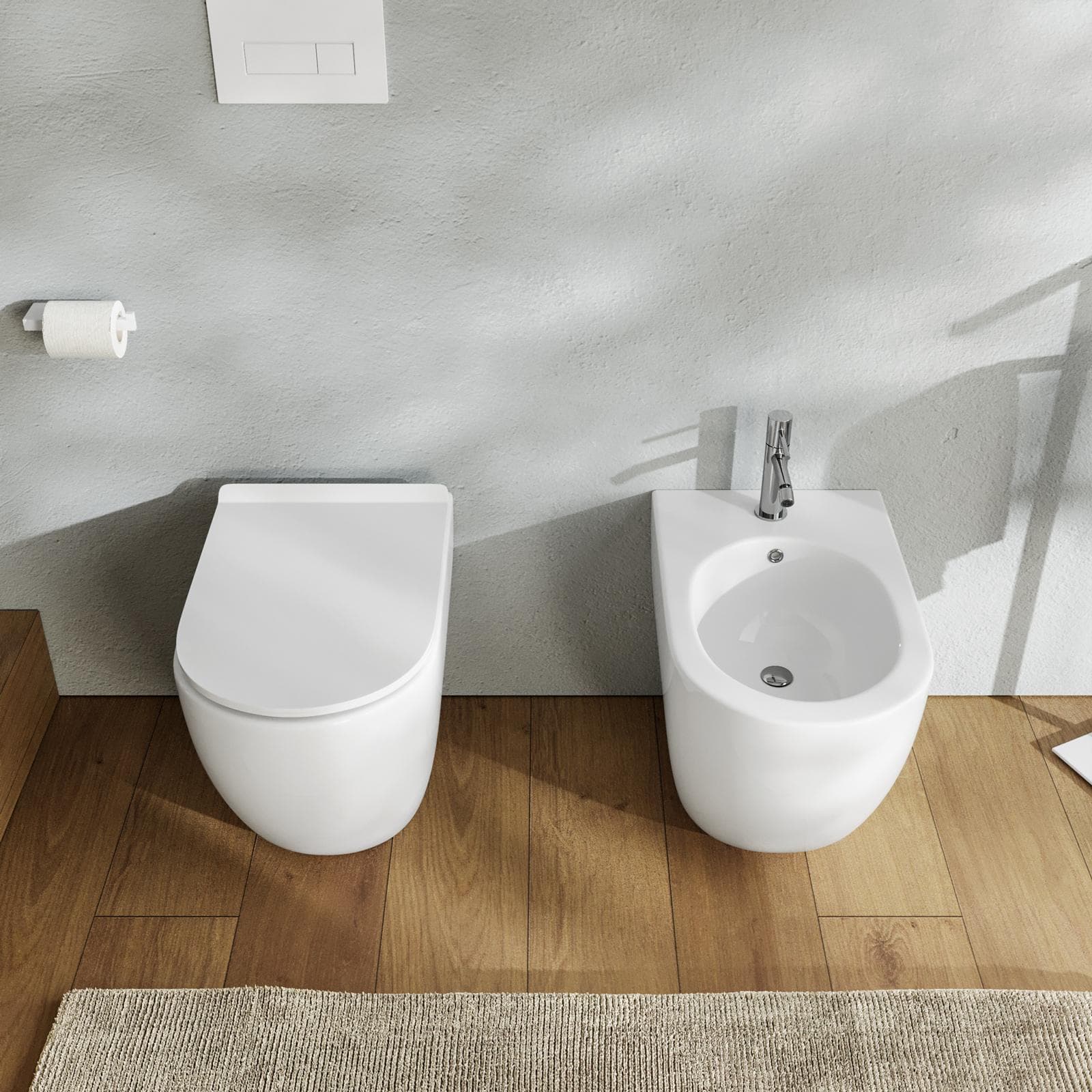 Coppia di sanitari filomuro in ceramica rimless con copriwc softclose - One
