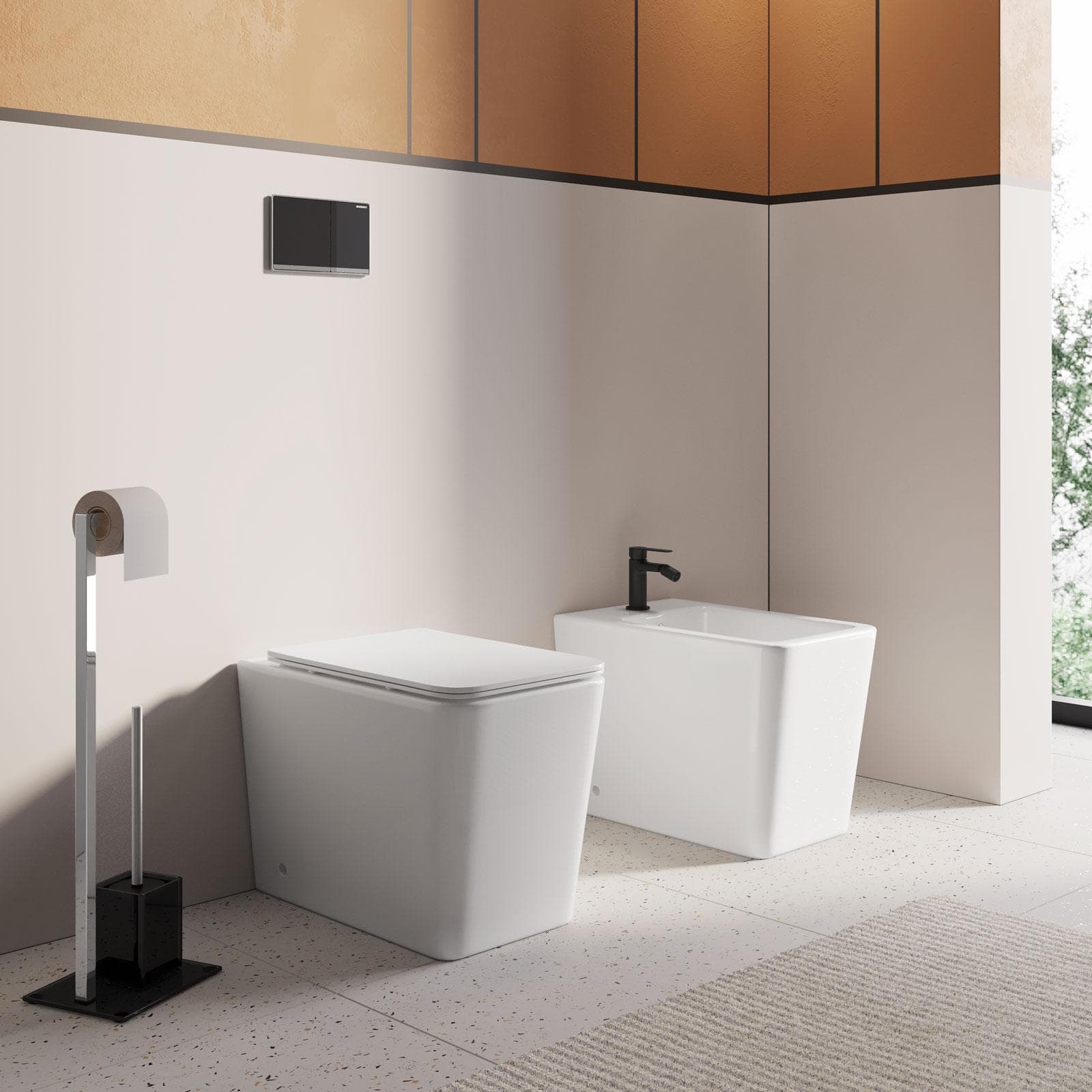 Coppia di sanitari filomuro in ceramica rimless con copriwc softclose - Urban