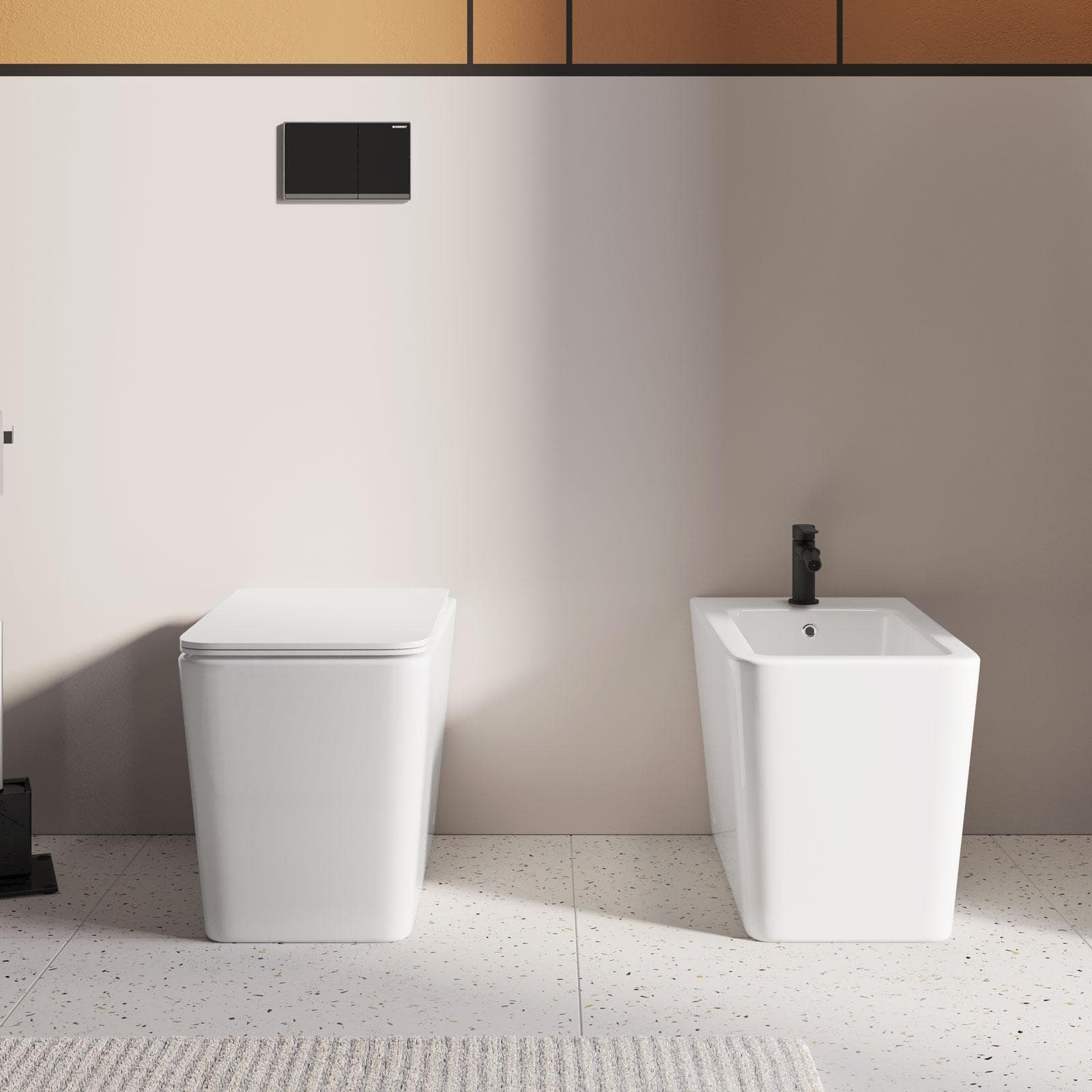 Coppia di sanitari filomuro in ceramica rimless con copriwc softclose - Urban