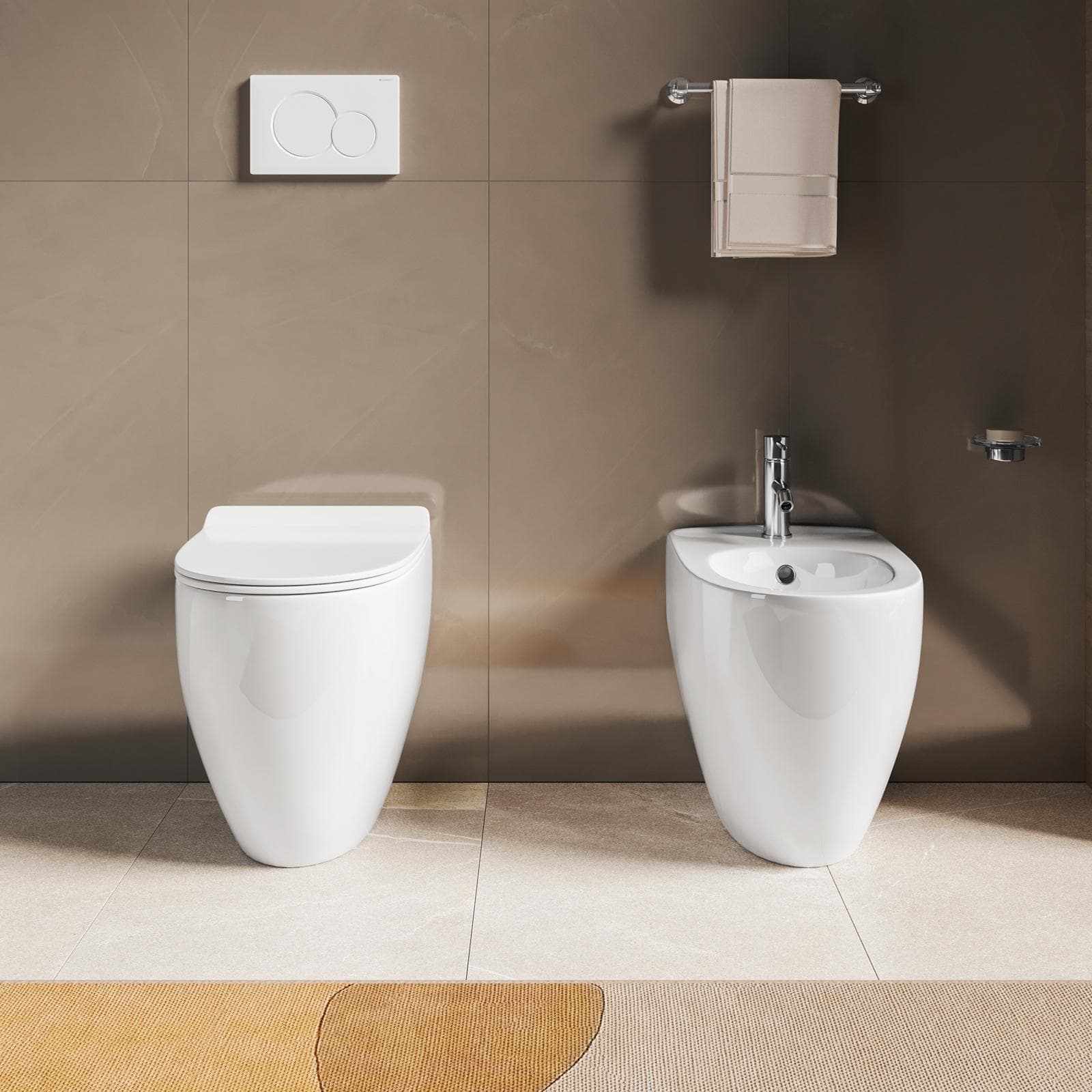 Coppia di sanitari filomuro in ceramica bianca - Marsico