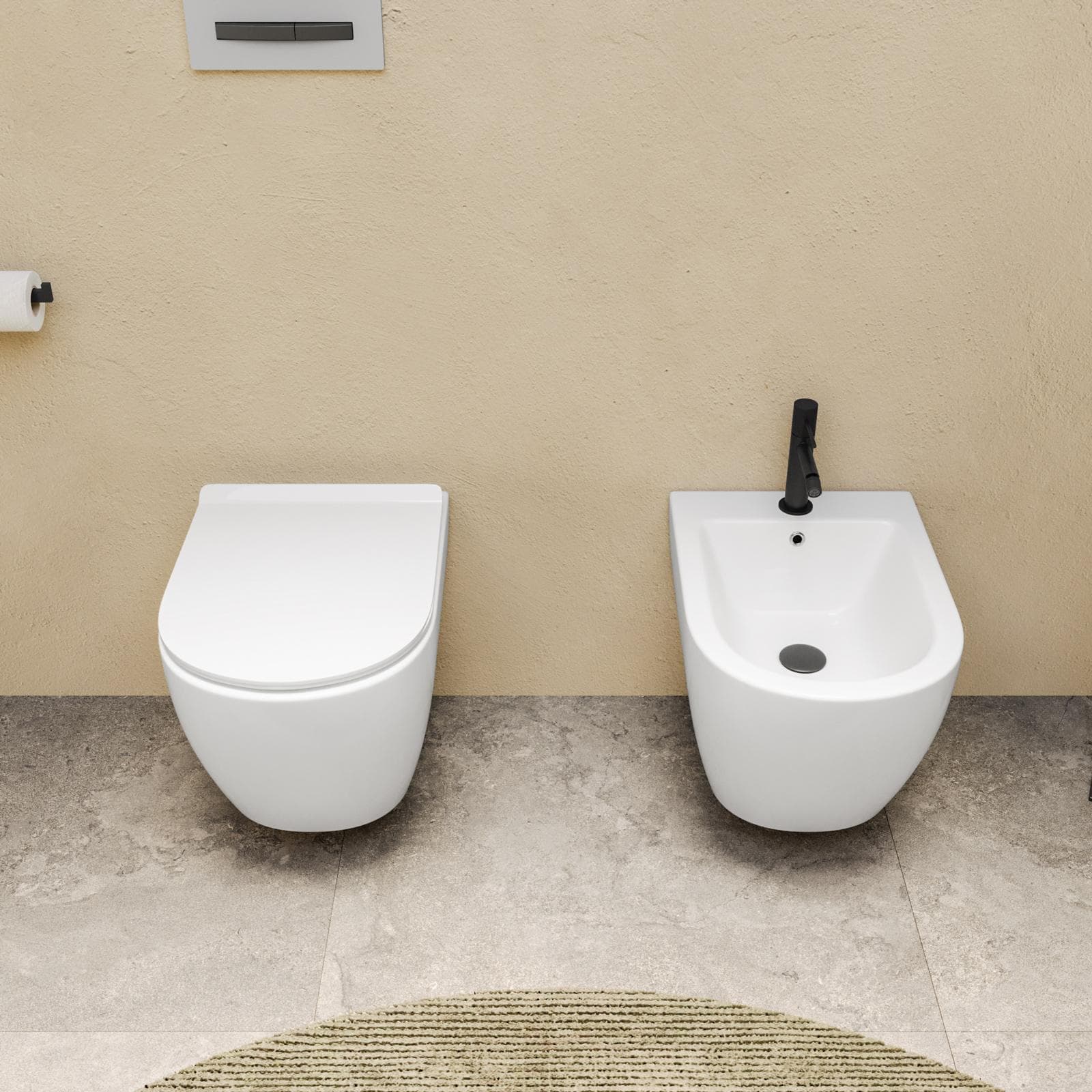 Coppia di sanitari sospesi in ceramica rimless con copriwc softclose - City