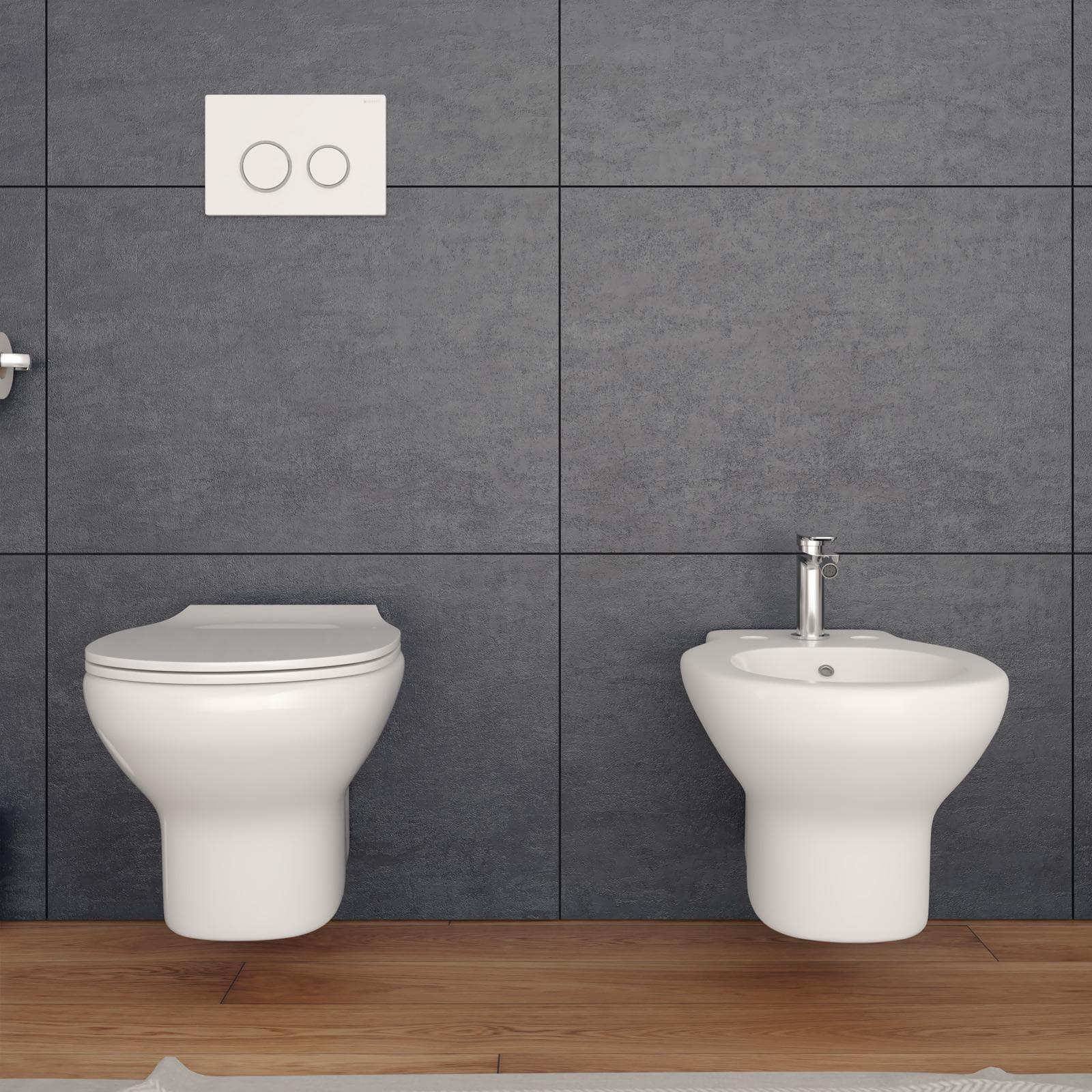 Coppia di sanitari sospesi senza brida con copriwc softclose e kit di fissaggio incluso - Misk