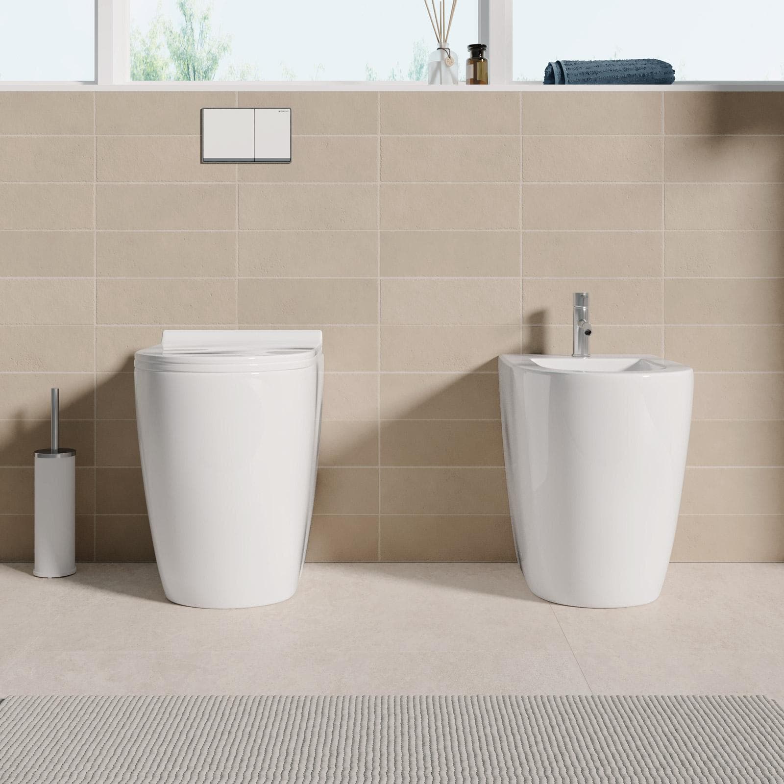 Coppia sanitari filomuro H 50 cm in ceramica bianco lucido con sedile copriwc - Volga Sky