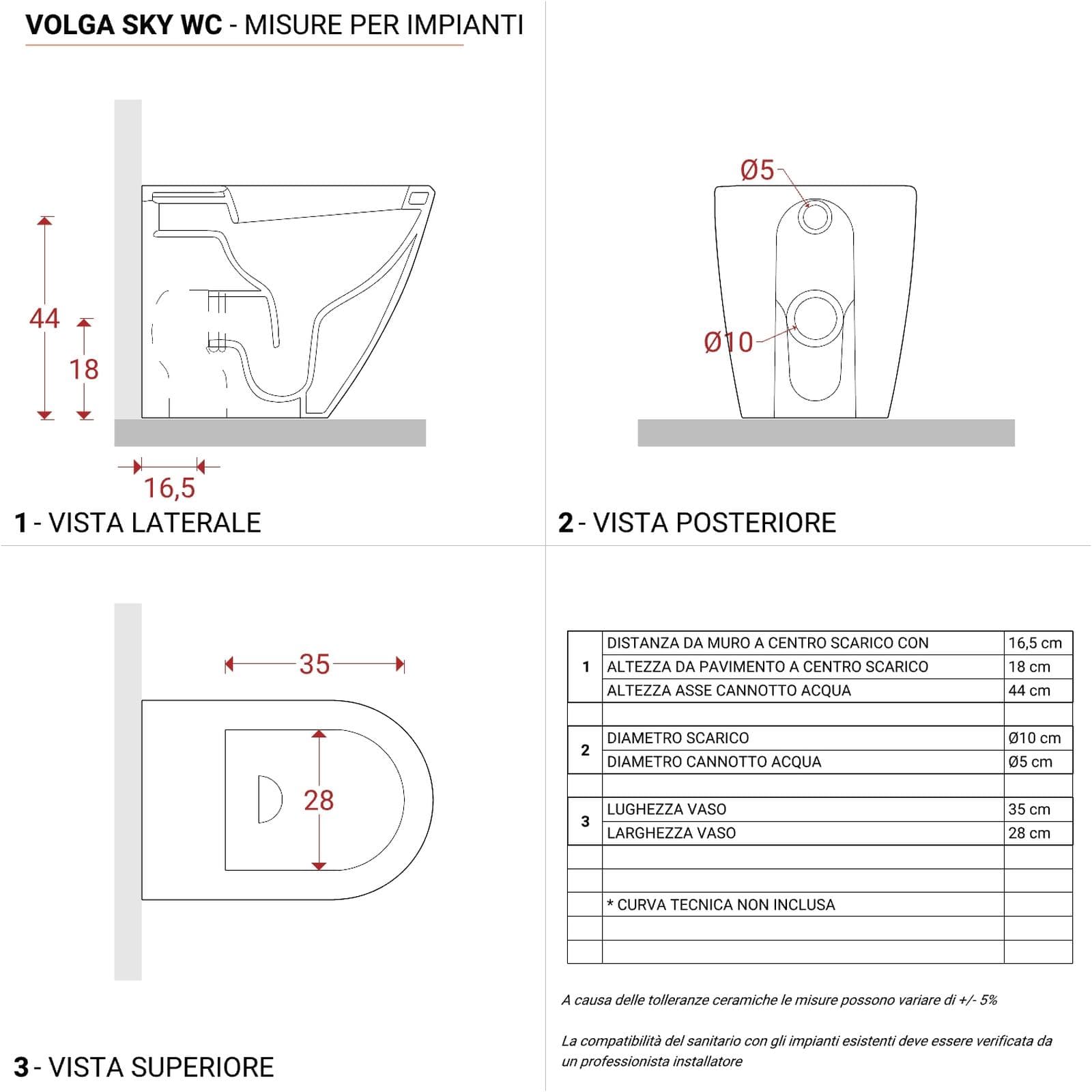 Coppia sanitari filomuro H 50 cm in ceramica bianco lucido con sedile copriwc - Volga Sky