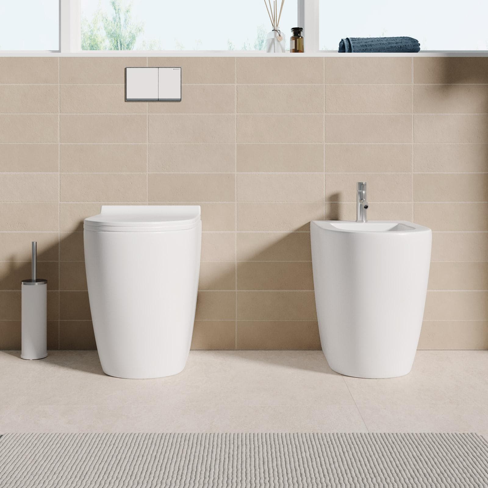 Coppia sanitari filomuro H 50 cm in ceramica bianco opaco con sedile copriwc - Volga Sky