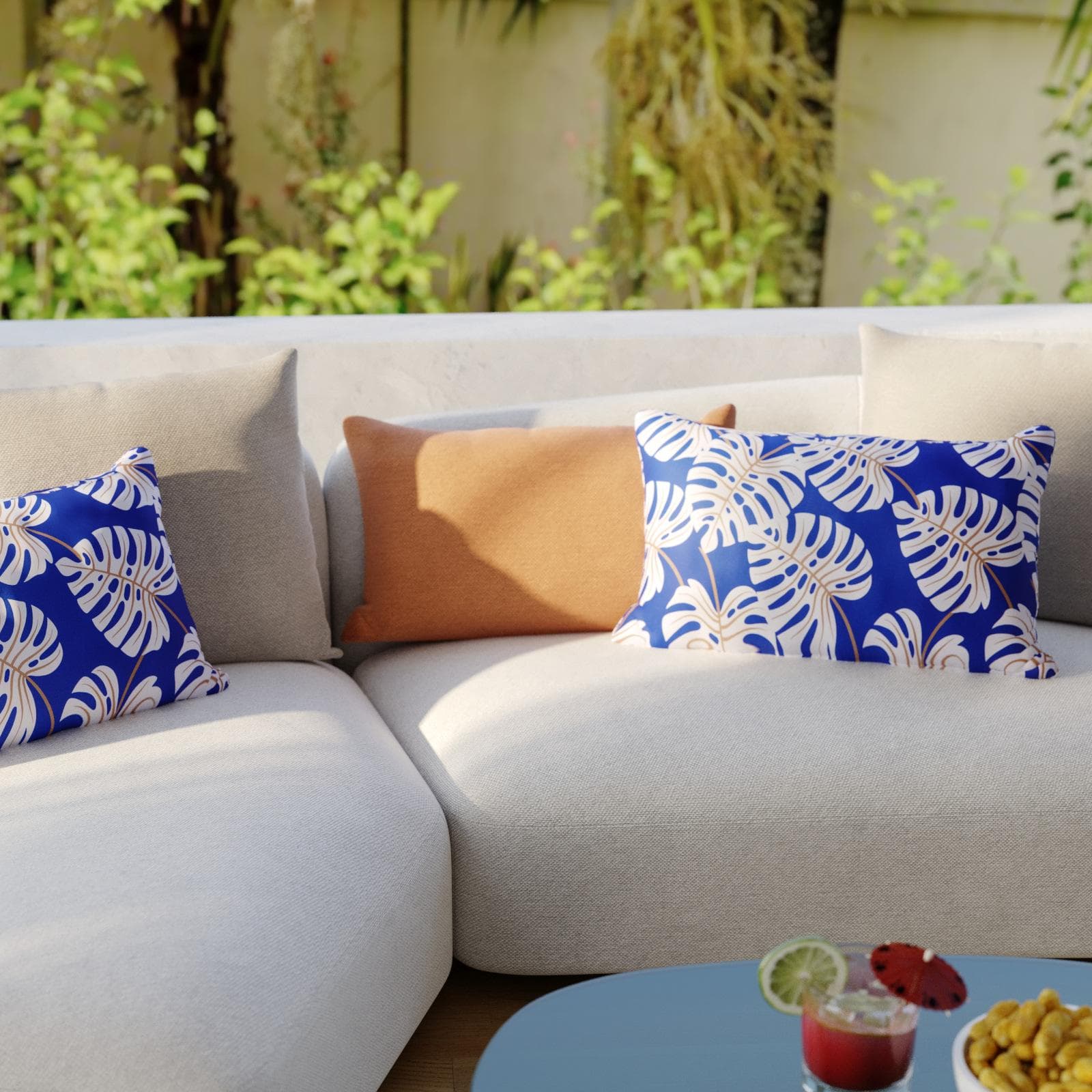 Copricuscino decorativo da esterno 50x30 cm in poliestere idrorepellente blu motivo foglie - Pigmentia