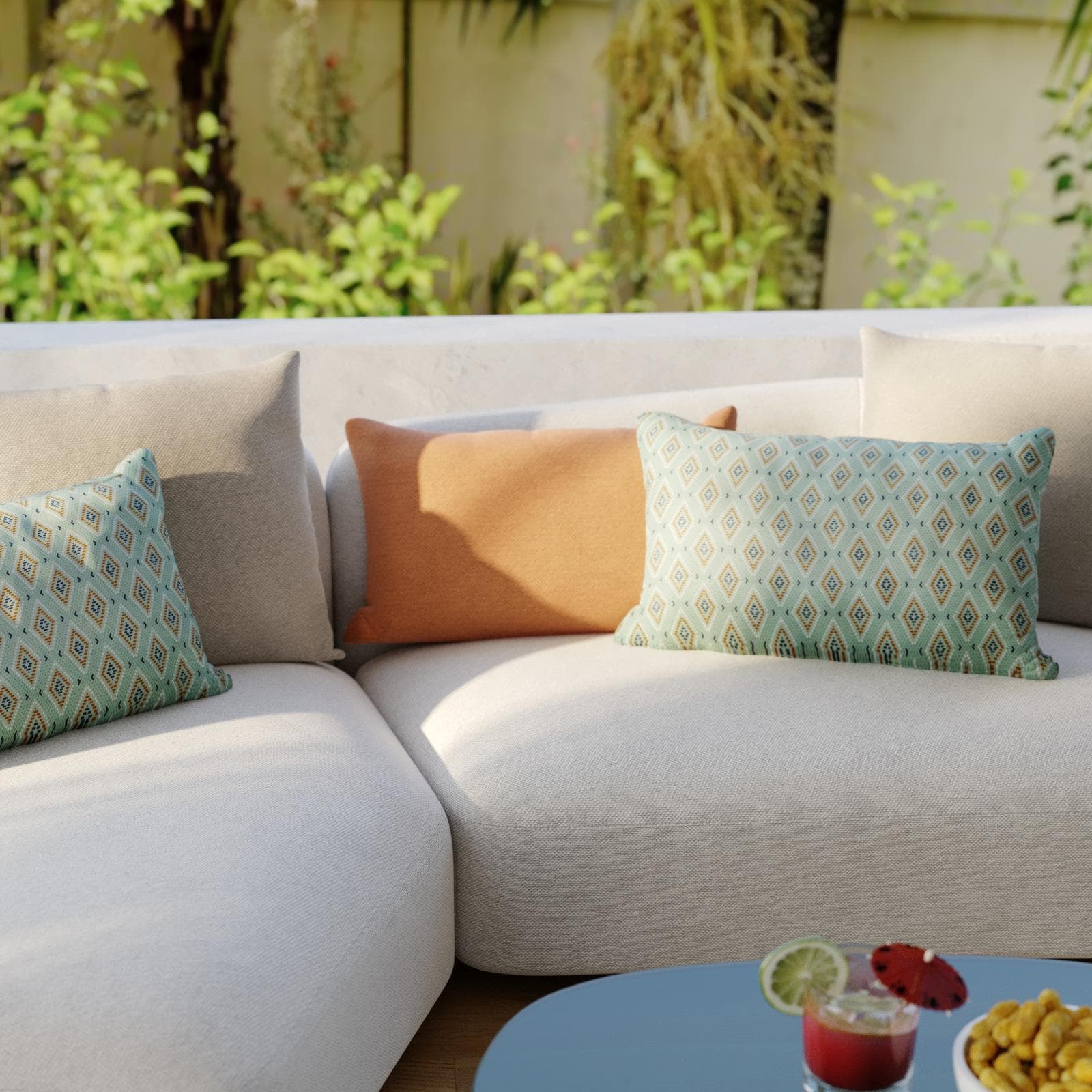 Copricuscino decorativo da esterno 50x30 cm in poliestere idrorepellente verde acqua motivo rombi - Pigmentia