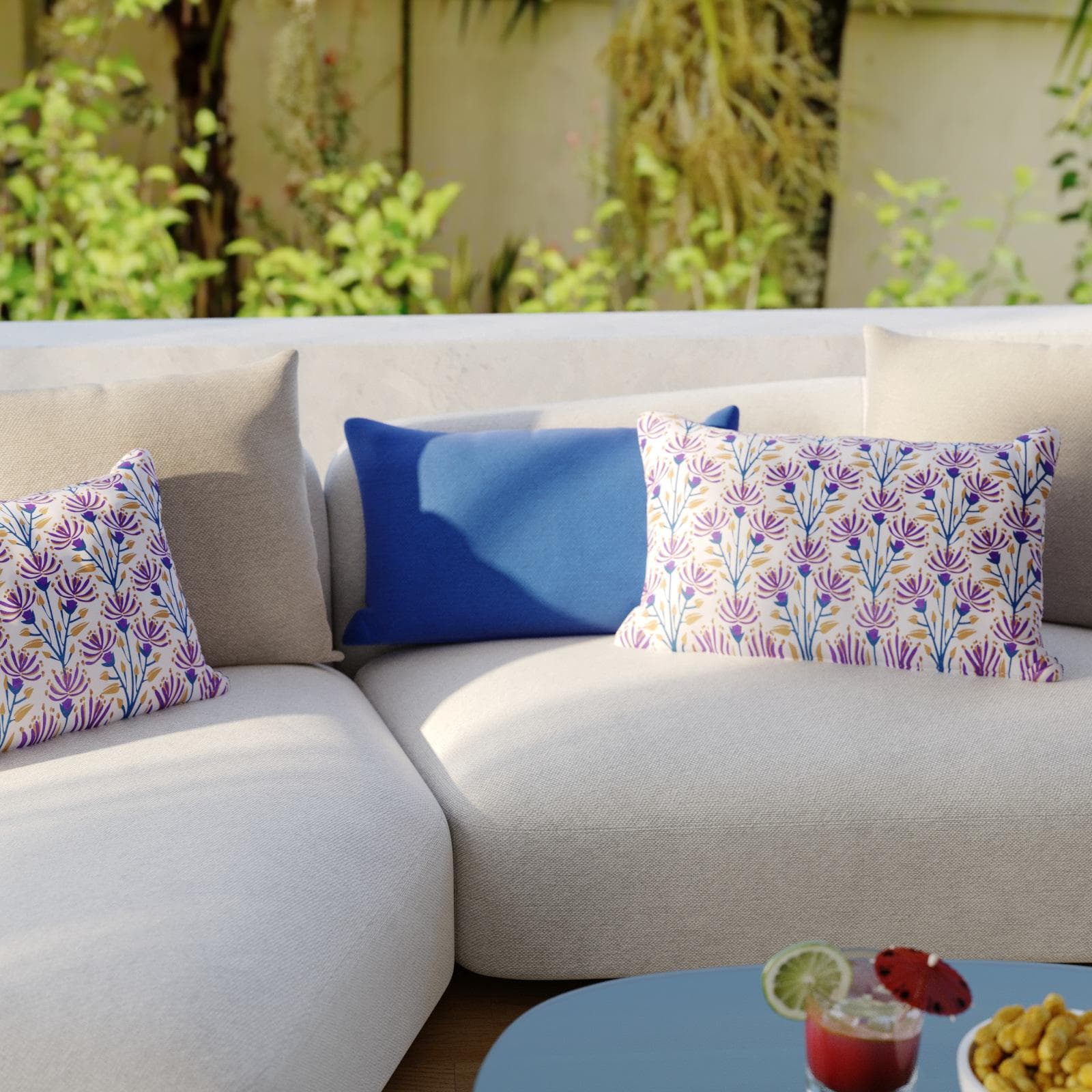 Copricuscino decorativo da esterno 50x30 cm in poliestere idrorepellente viola motivo fiori - Pigmentia