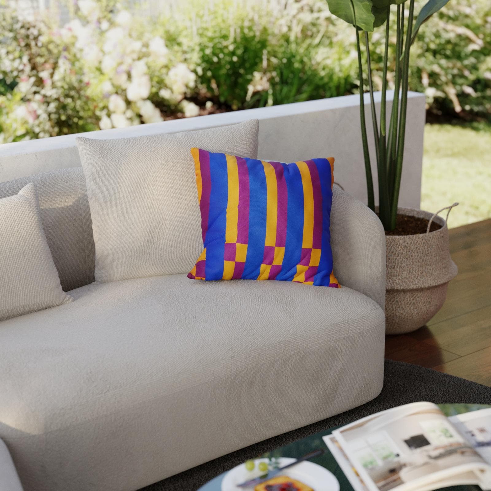 Copricuscino decorativo da esterno 40x40 cm in poliestere idrorepellente blu con disegno righe colorate - Pigmentia