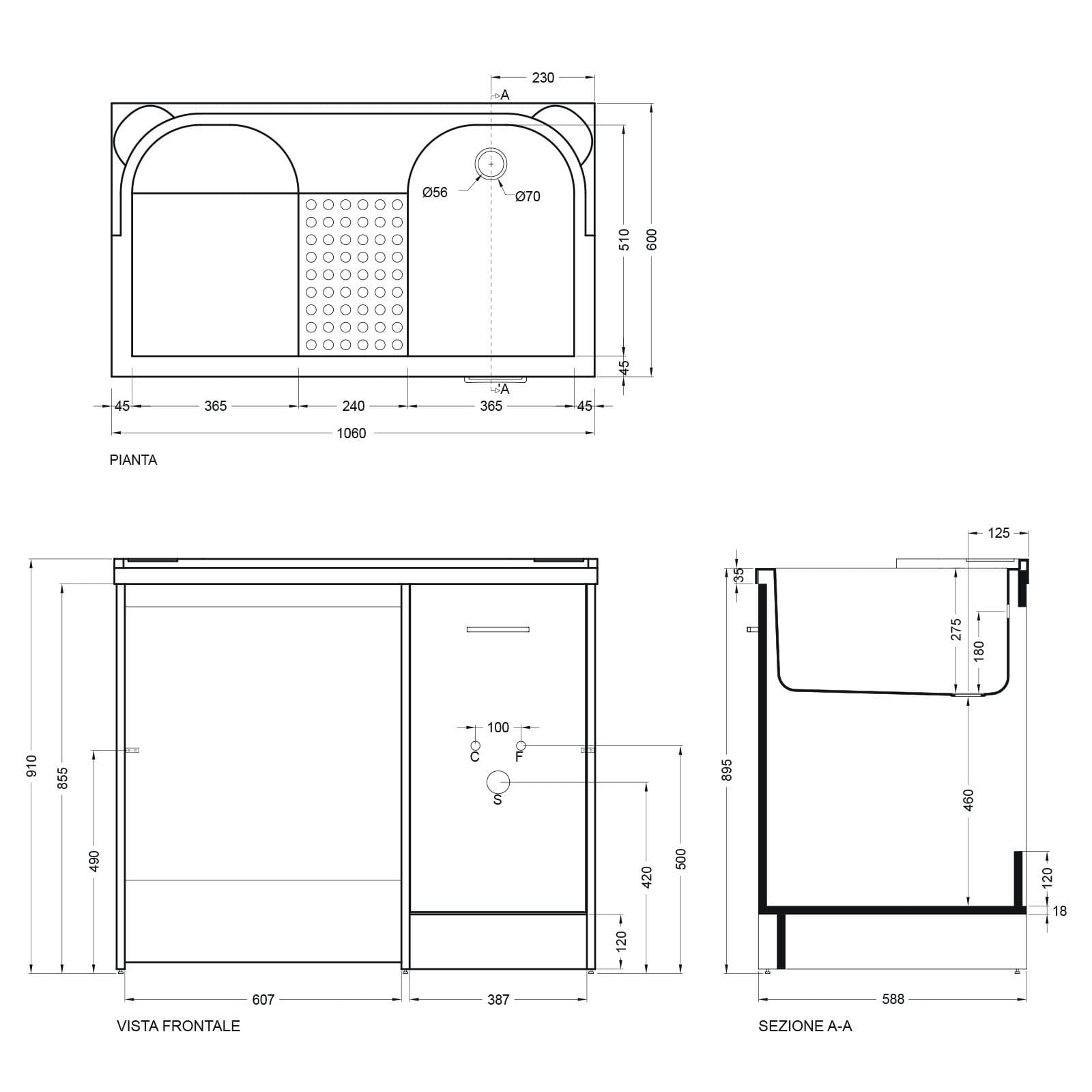 Coprilavatrice con lavapanni 106x60x90h cm vasca destra Domestica Colavene