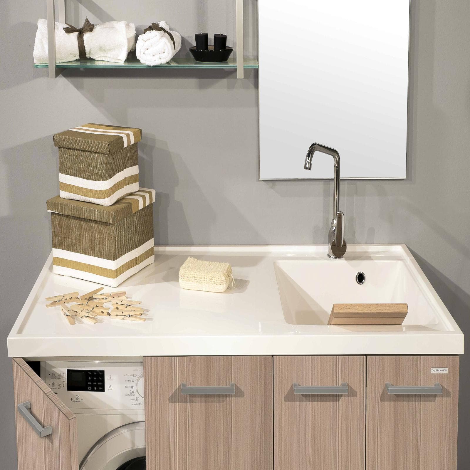 Coprilavatrice sx 120 cm larice naturale con lavatoio e asse in legno - Montegrappa