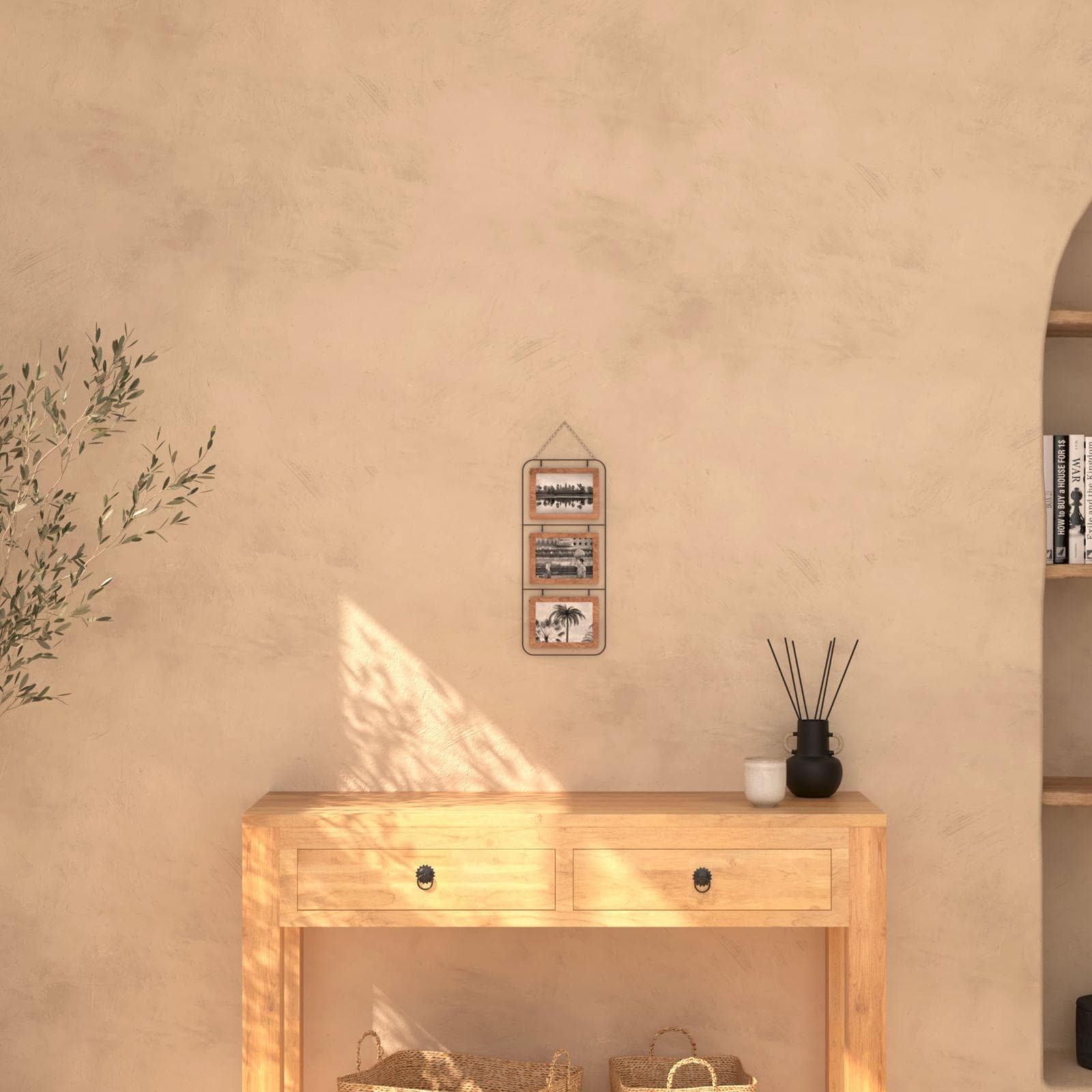 Cornice multipla 52x22 cm in legno naturale e metallo per 6 foto