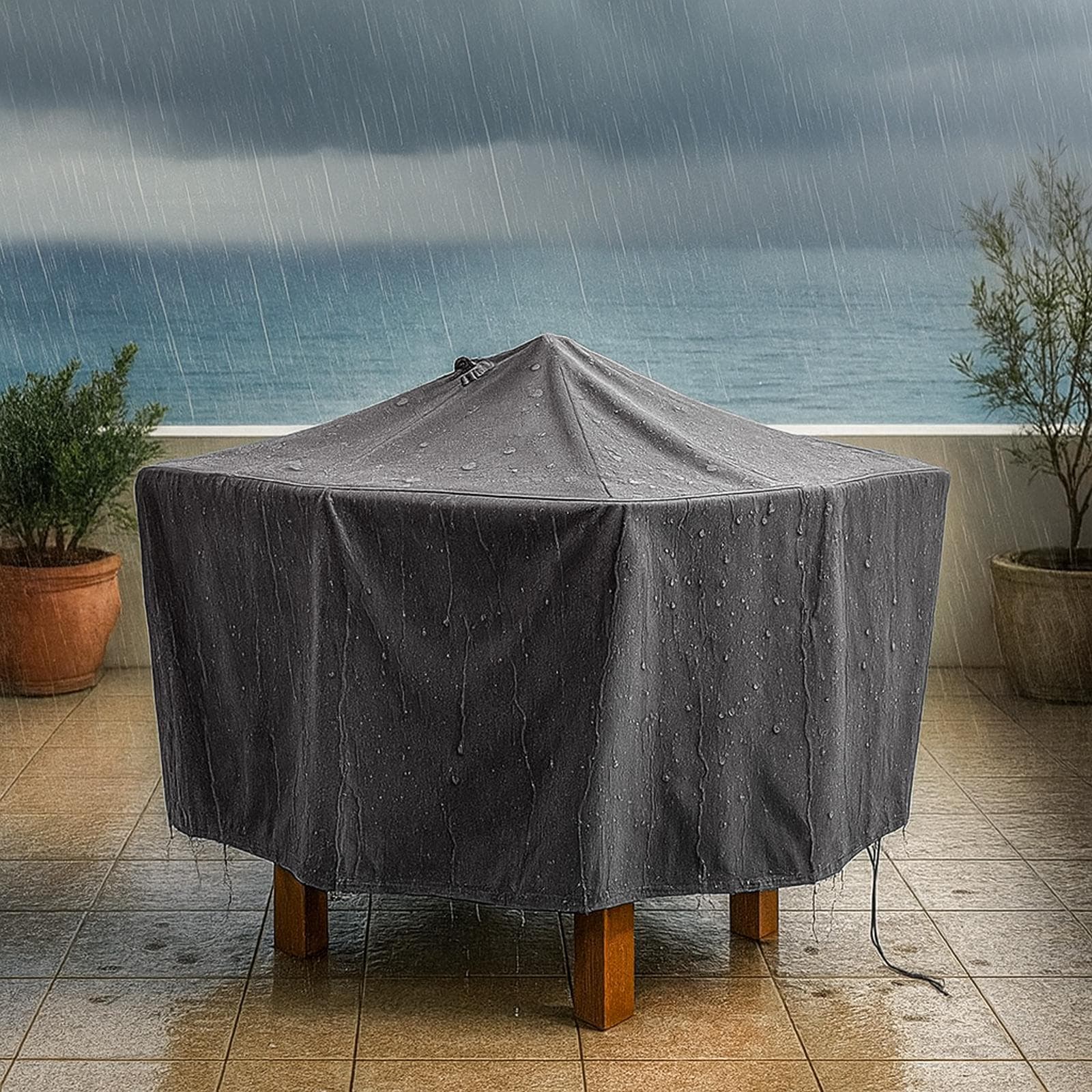Copertura protettiva per tavolo rotondo in poliestere idrorepellente antracite 90x70h cm con coulisse regolabile - Wakanda