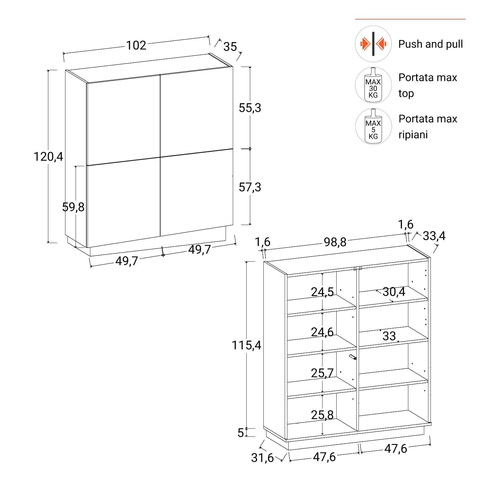 Credenza 100x120h cm con 4 ante bianco lucido - Veronique