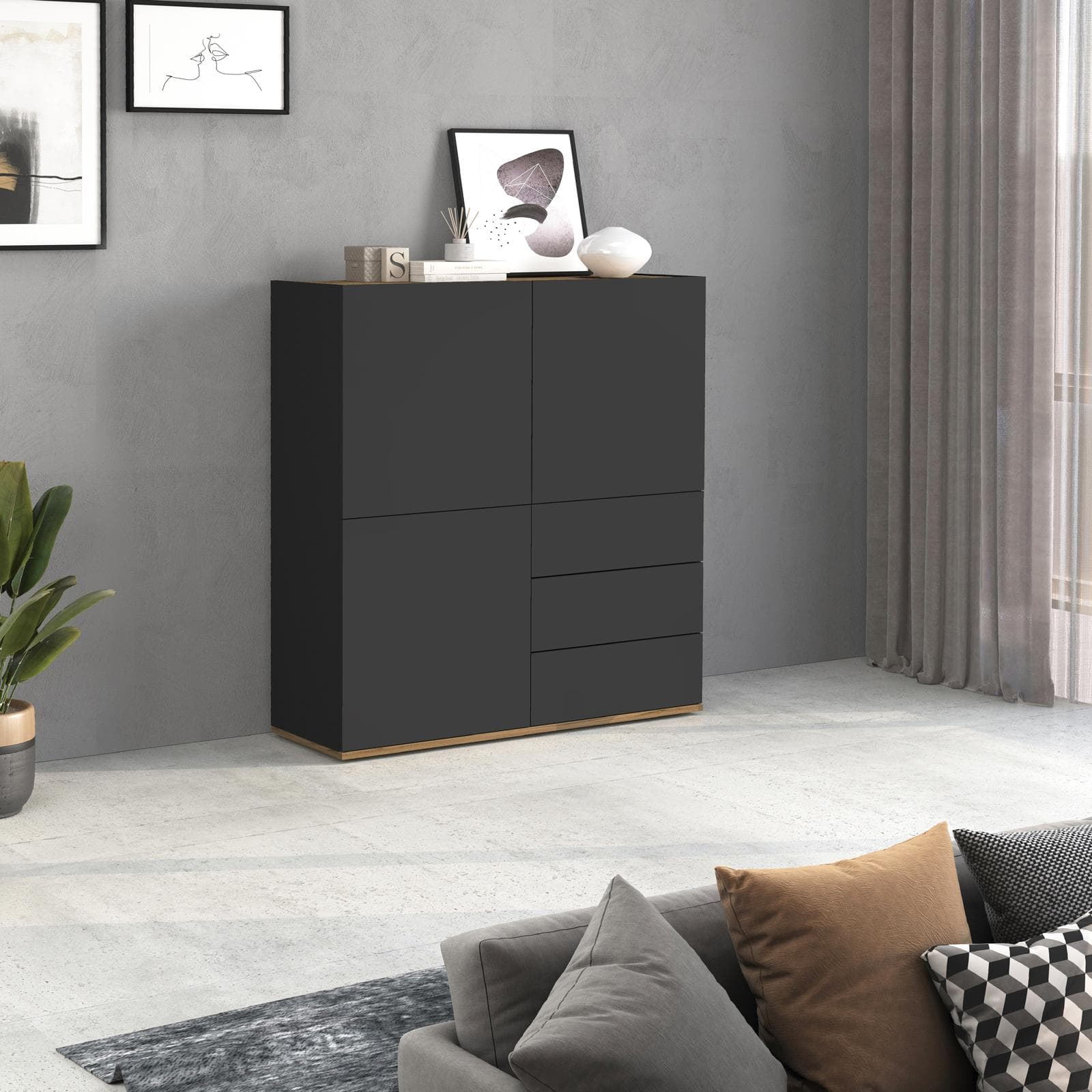Credenza 102x110h cm antracite opaco top rovere wotan con 3 ante e 3 cassetti - Loira